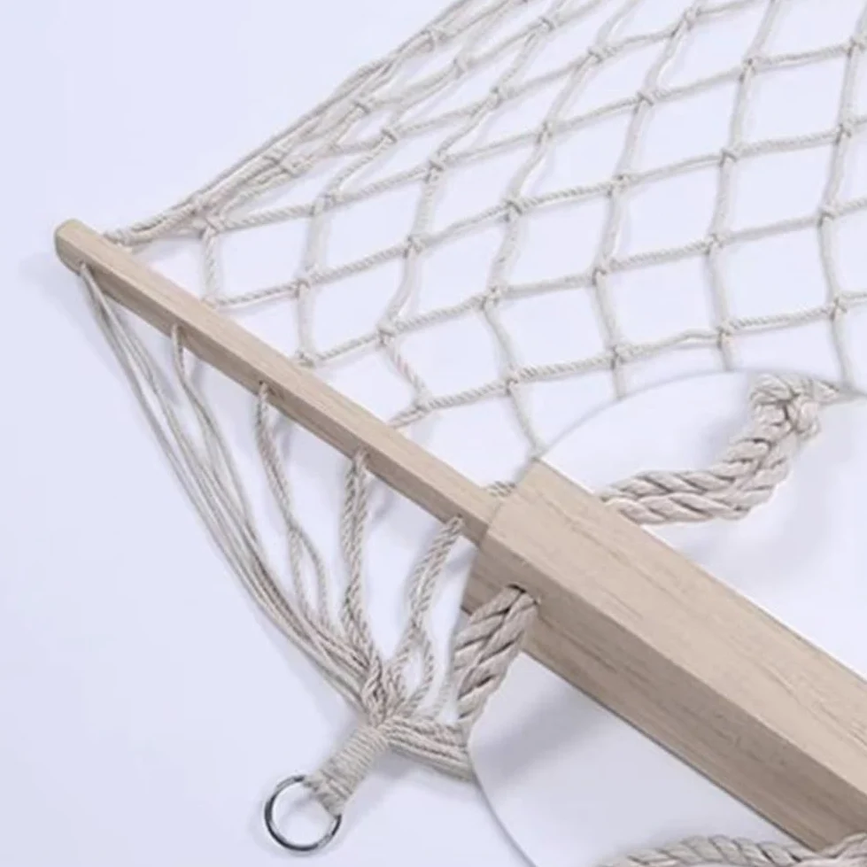 Hamacas grandes de cuerda de algodón con barras separadoras de madera dura, cama colgante tejida a mano para patio al aire libre, patio, jardín, piscina y uso en interiores (sin borlas)