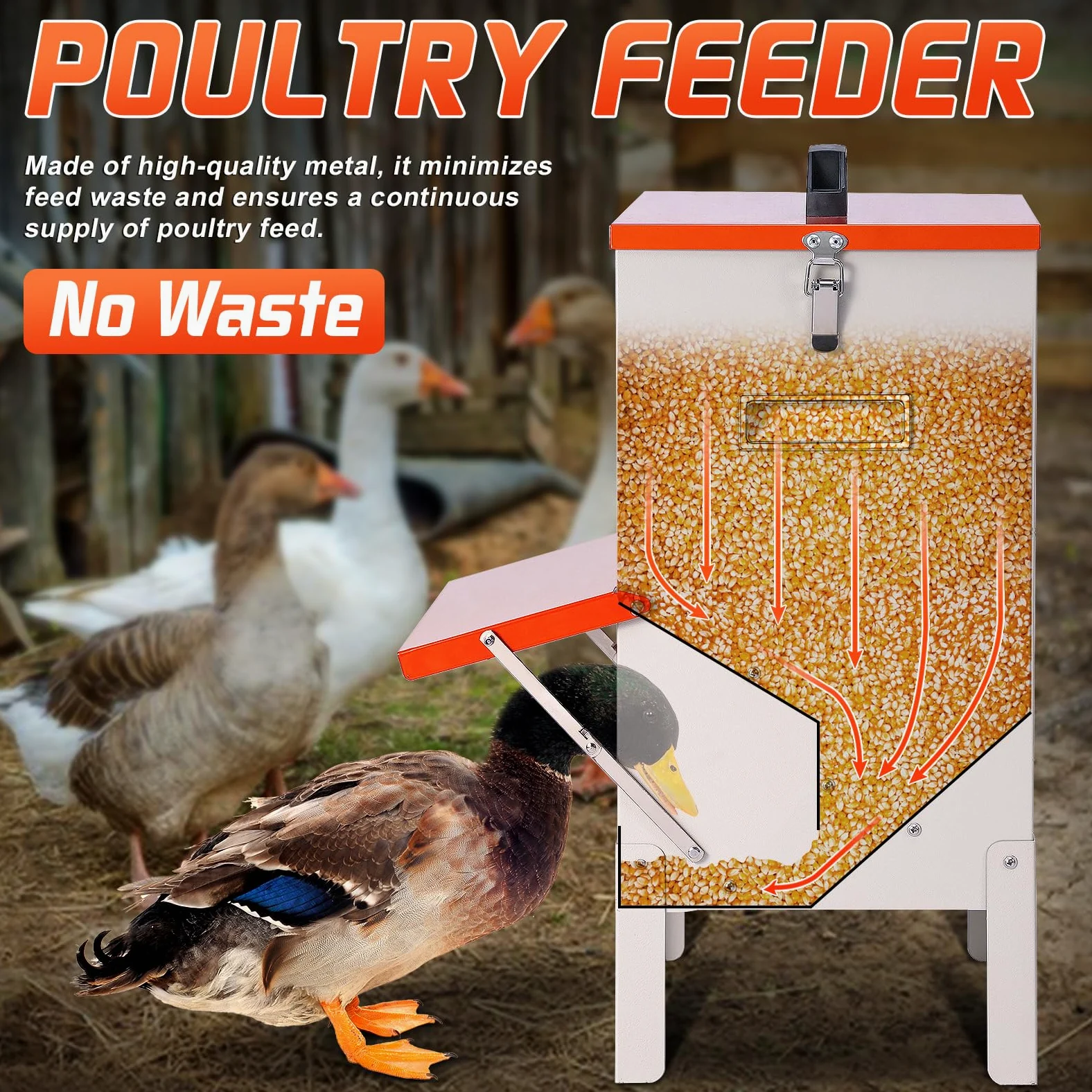 Comedero automático de 50 libras para pollos y patos, comedero grande para pollos, patos, gansos, palomas, perros, peces, gatos (naranja)
