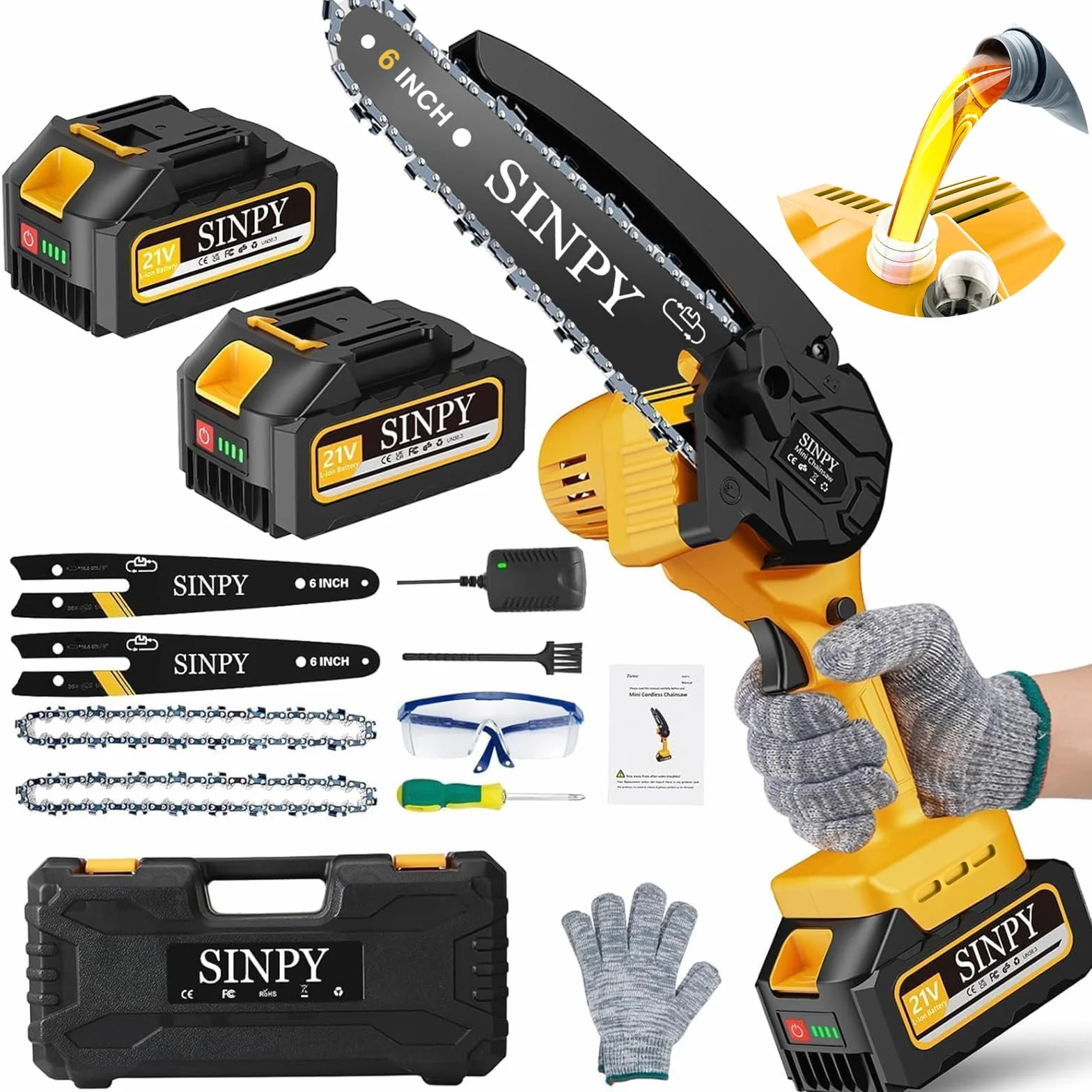 2x4000 mAh Mini Motosierra Bateria, 6 Pulgadas Motosierra Eléctrica Pequeña Sierra Electrica Podar Arboles Inalámbrica con Cadena de Acero al Manganeso de Mano y Engrasador Automático