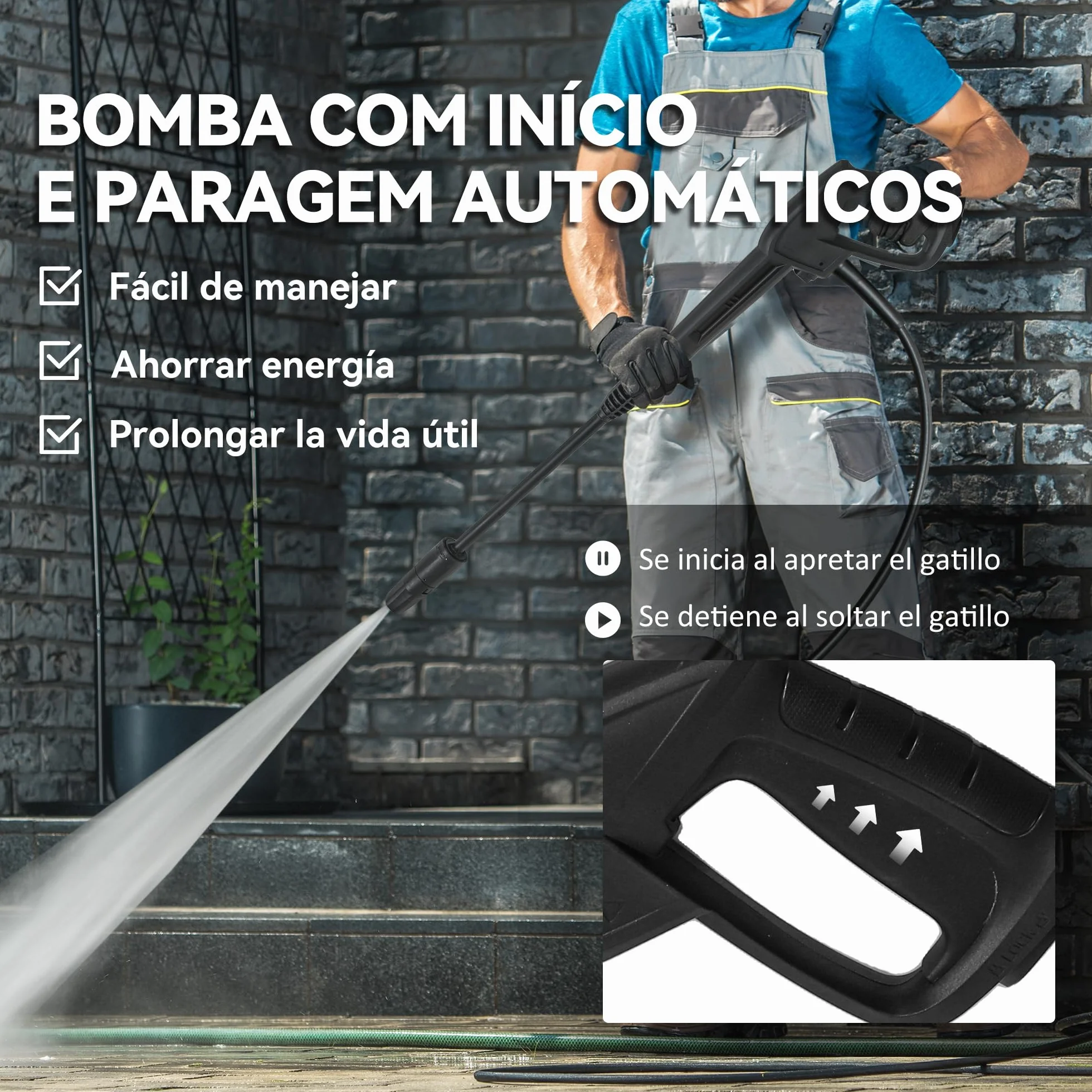Outsunny Hidrolimpiadora de Alta Presión 2200W, Presión 170 Bar, Caudal 420 L/h, con Bomba de Aluminio, Parada Automática, Manguera de 6 m, Incluye Botella de Espuma y Boquilla Ajustable Verde y Negro