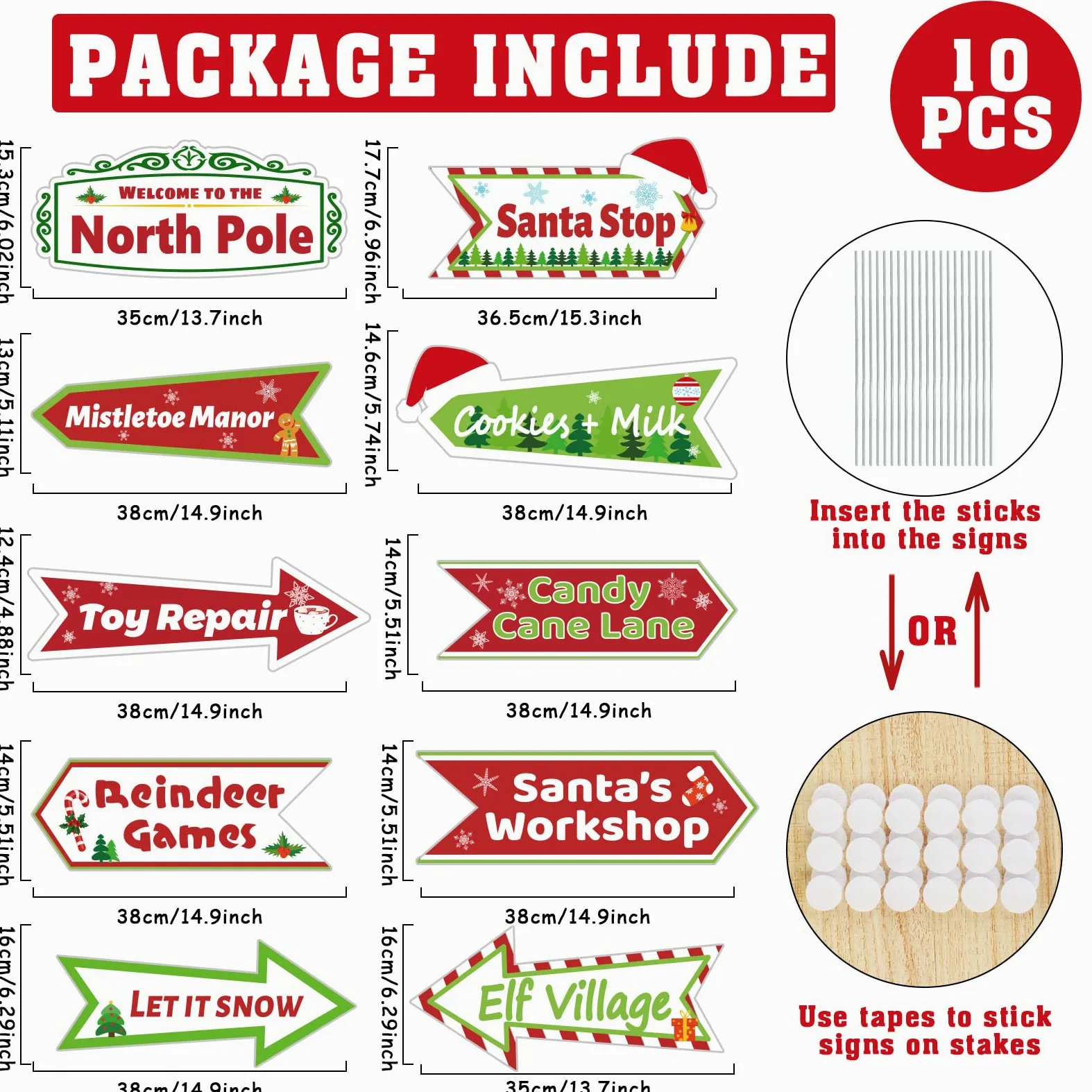 10 letreros de patio del Polo Norte, decoración al aire libre para Navidad, invierno, vacaciones, arte de Papá Noel, taller, patio, césped, letrero y «Let It Snow», con estacas para decoración del