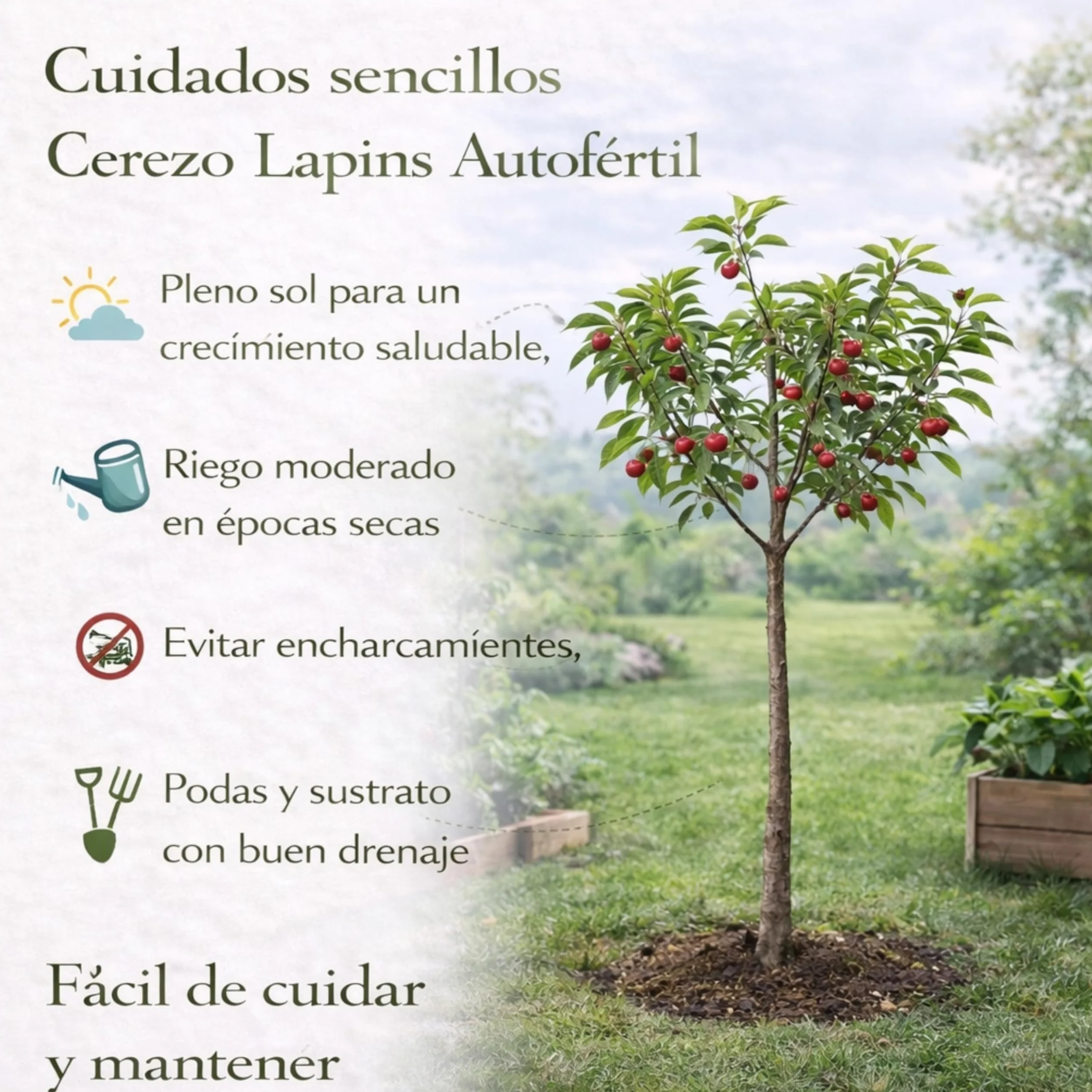 Cerezo Lapins Autofértil en Maceta, 140 cm de altura, Árbol Frutal Exterior con Cerezas Dulces Planta Natural para Jardín Terraza Huerto Floración Primavera Fácil Cultivo. Cerezo
