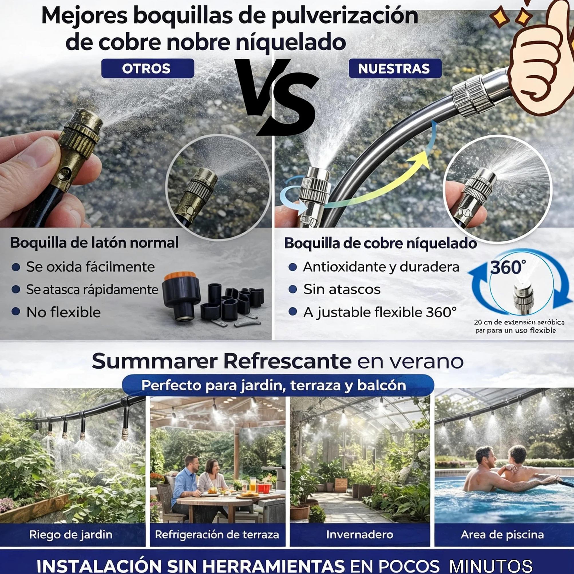 Kit Nebulizador Terraza, Nebulizador Jardin con 8mm Boquilla Ajustable +10M Línea +3/4" Adaptador, Sistema de Enfriamiento por Nebulización para Eventos al Aire Libre, Sombrillas y Techos