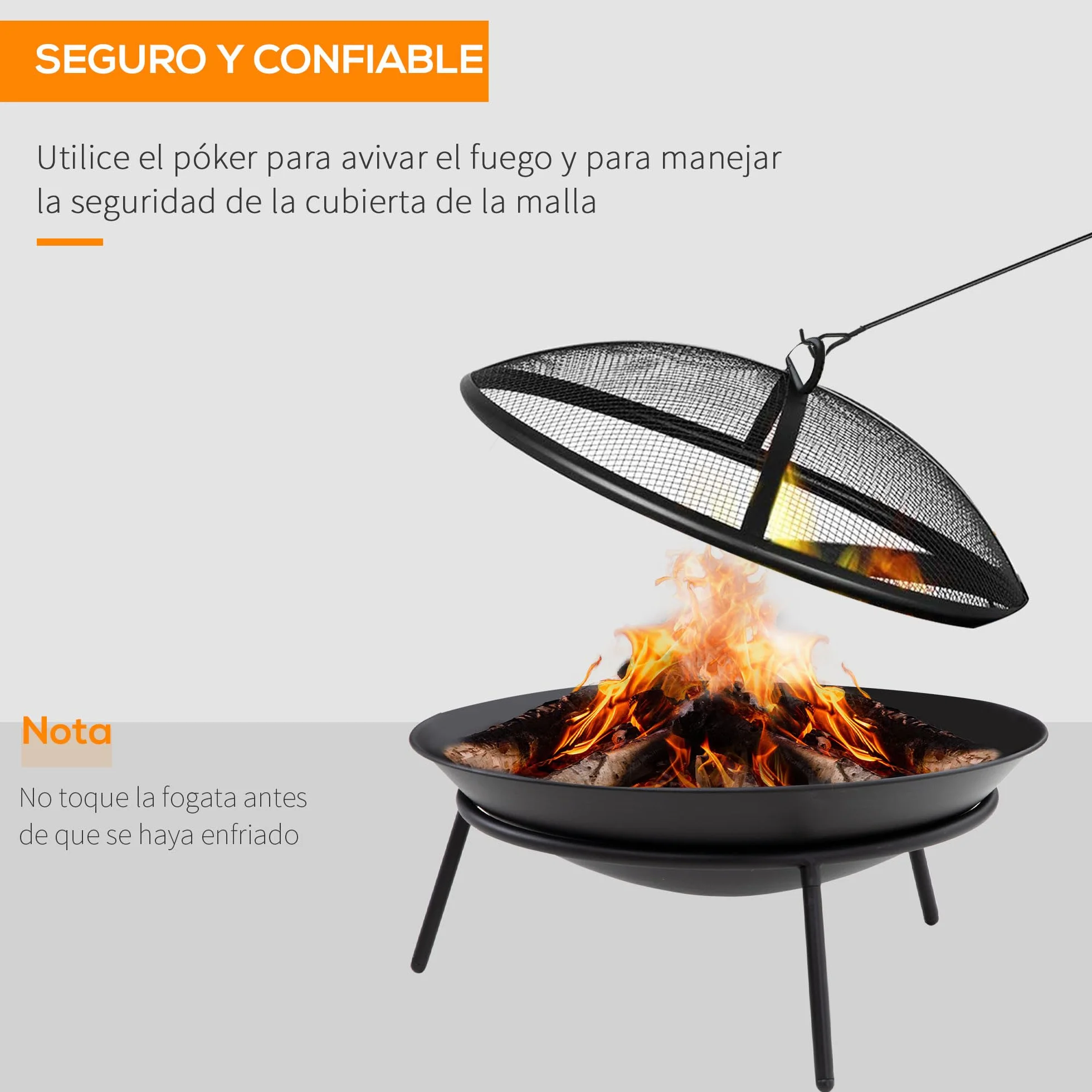Outsunny Brasero Exterior para Jardín Pozo de Fuego de Metal con Protector de Chispas y Atizador para Hogueras Terraza Camping al Aire Libre Ø47x33 cm Negro