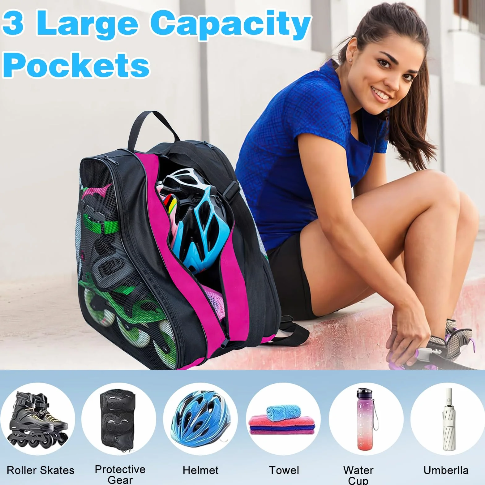 Bolsa para Patines con 3 Compartimentos, Mochila Transporte para Patines en Línea y de 4 Ruedas