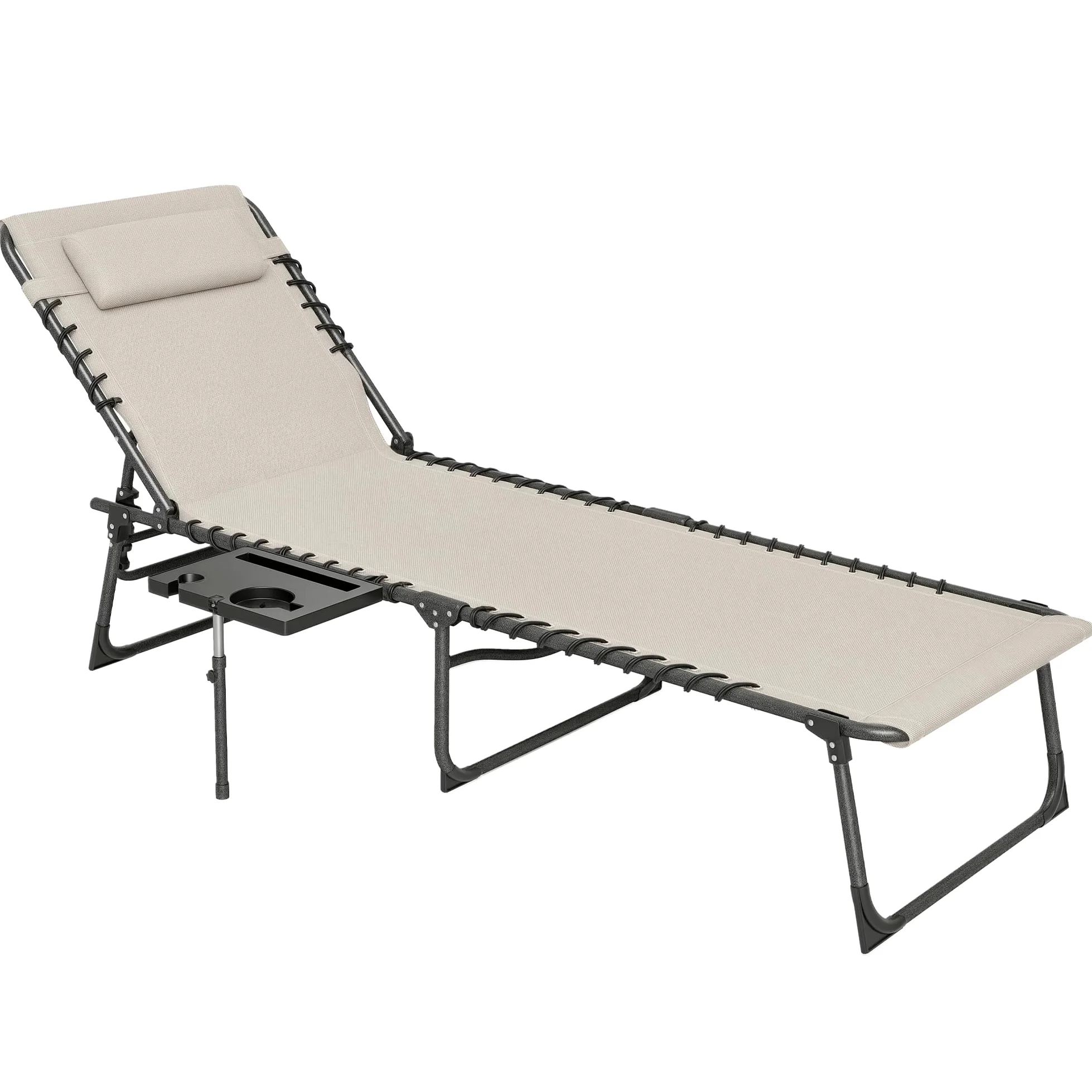 Outsunny Tumbona Plegable, Tumbona Jardín Exterior con Respaldo Ajustable, Reposacabezas, Bolsillo Lateral, Bandeja y Estructura de Acero, Carga 120 kg para Terraza Piscina Playa, 190x60x31 cm, Crema