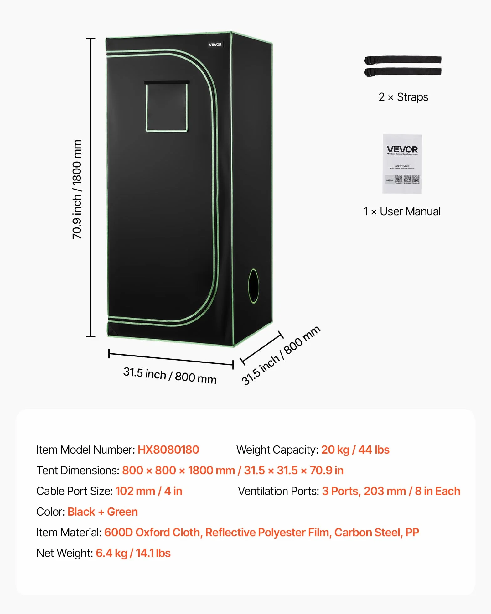 VEVOR Armario de Cultivo Interior 80 x 80 x 180 cm, Carpa de Cultivo con Ventana de Observación, Bandeja de Suelo y Cremallera, Mylar 600D de Alta Reflectancia, Tienda para Plantas, Flores, Verduras