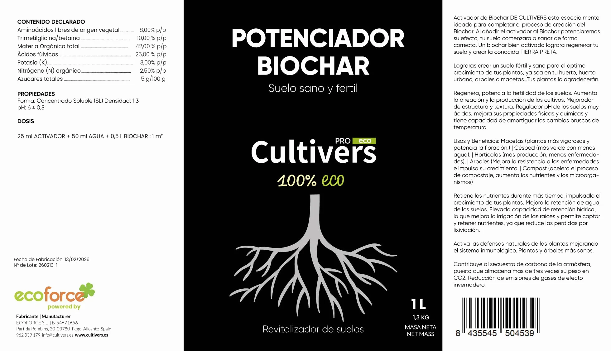CULTIVERS Potenciador de Biochar 1 L. Potenciador de Carbón vegetal para plantas. Mejorador de estructura del suelo. Regulador pH de los suelos muy ácido. Aumenta producción de los cultivo