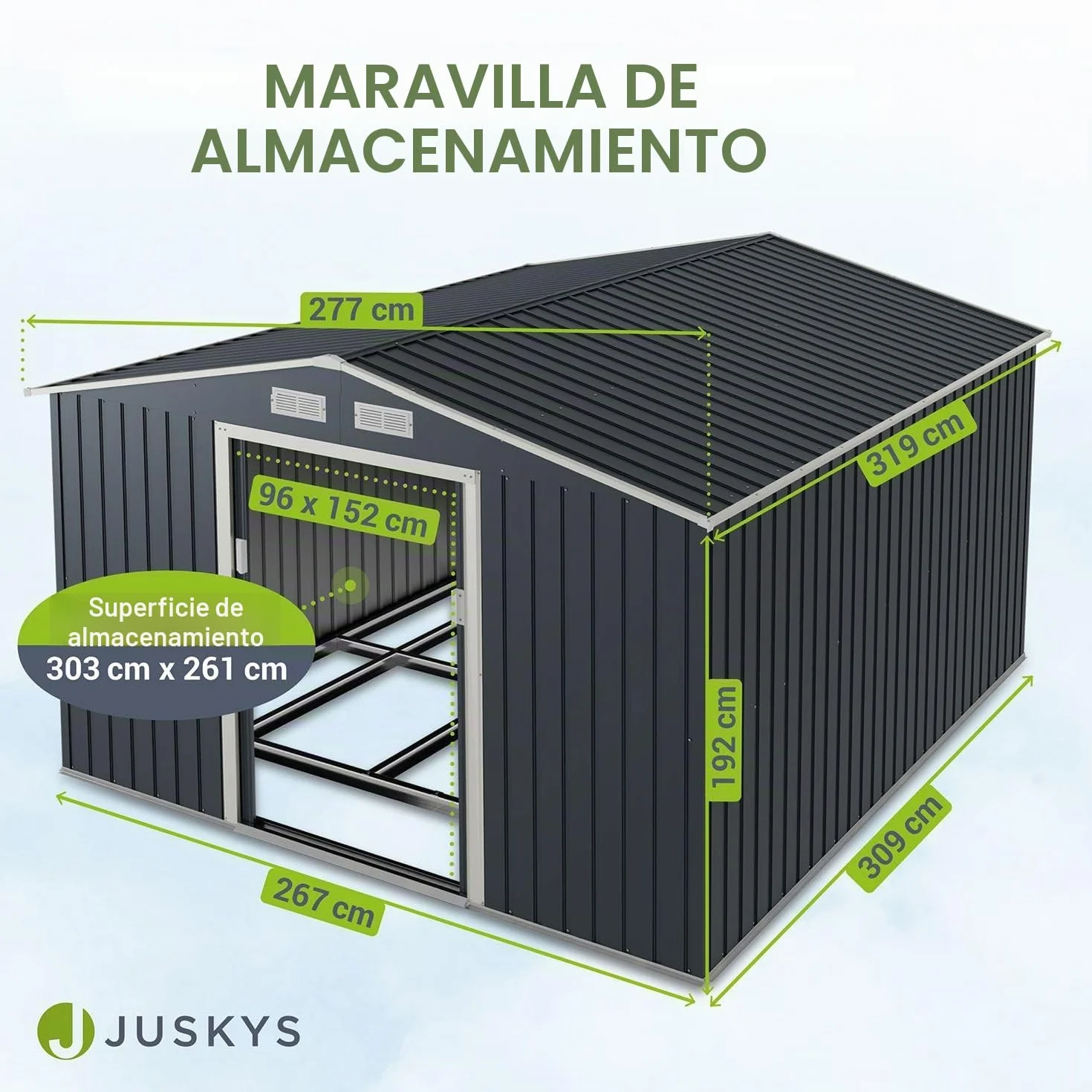 Juskys caseta metálica para Herramientas XXL 15m³ con Techo a Dos Aguas, Puerta corredera y cimentación - 277 x 319 x 192 cm - Antracita - cobertizo metálico para jardín