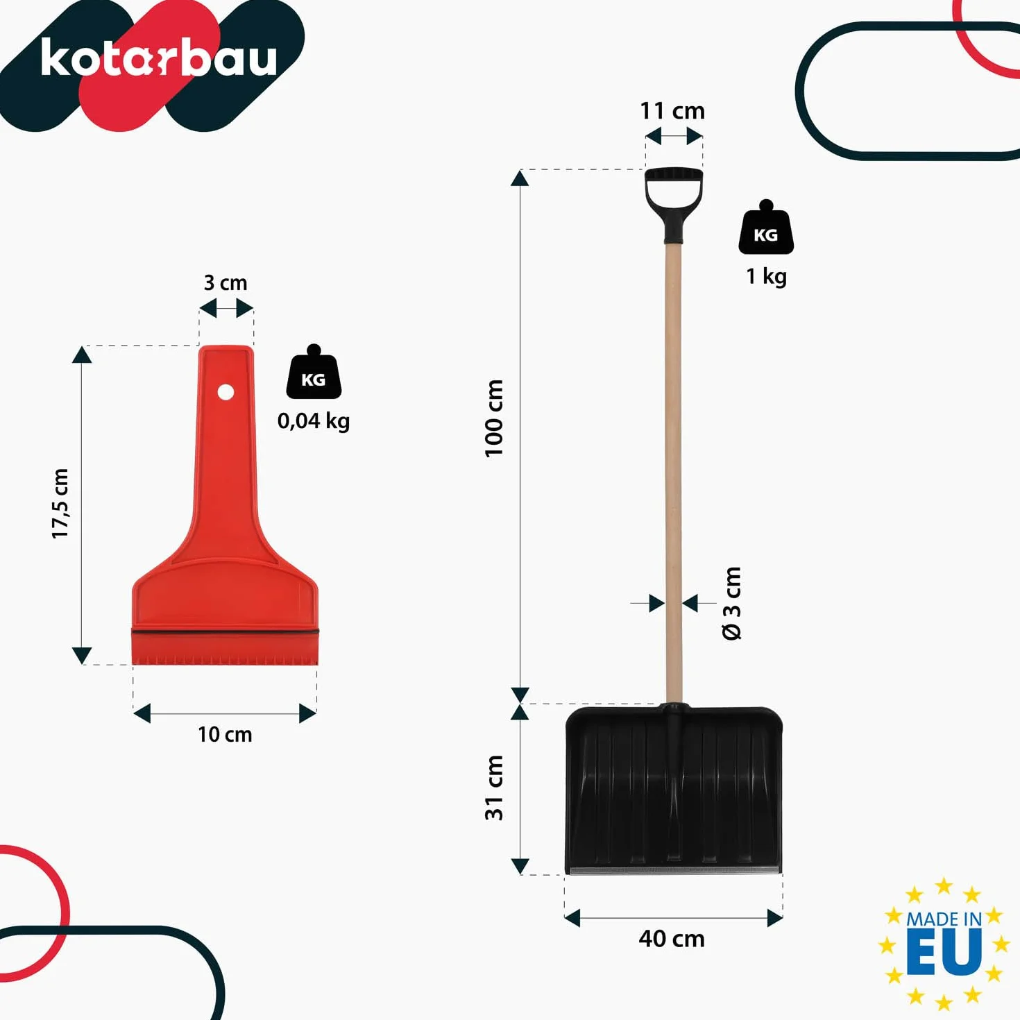 KOTARBAU® Juego de pala de nieve para coche de 40 cm con mango de madera de 131 cm + raspador de hielo para coche, para quitar la nieve, rascador de parabrisas de coche, con borde de goma