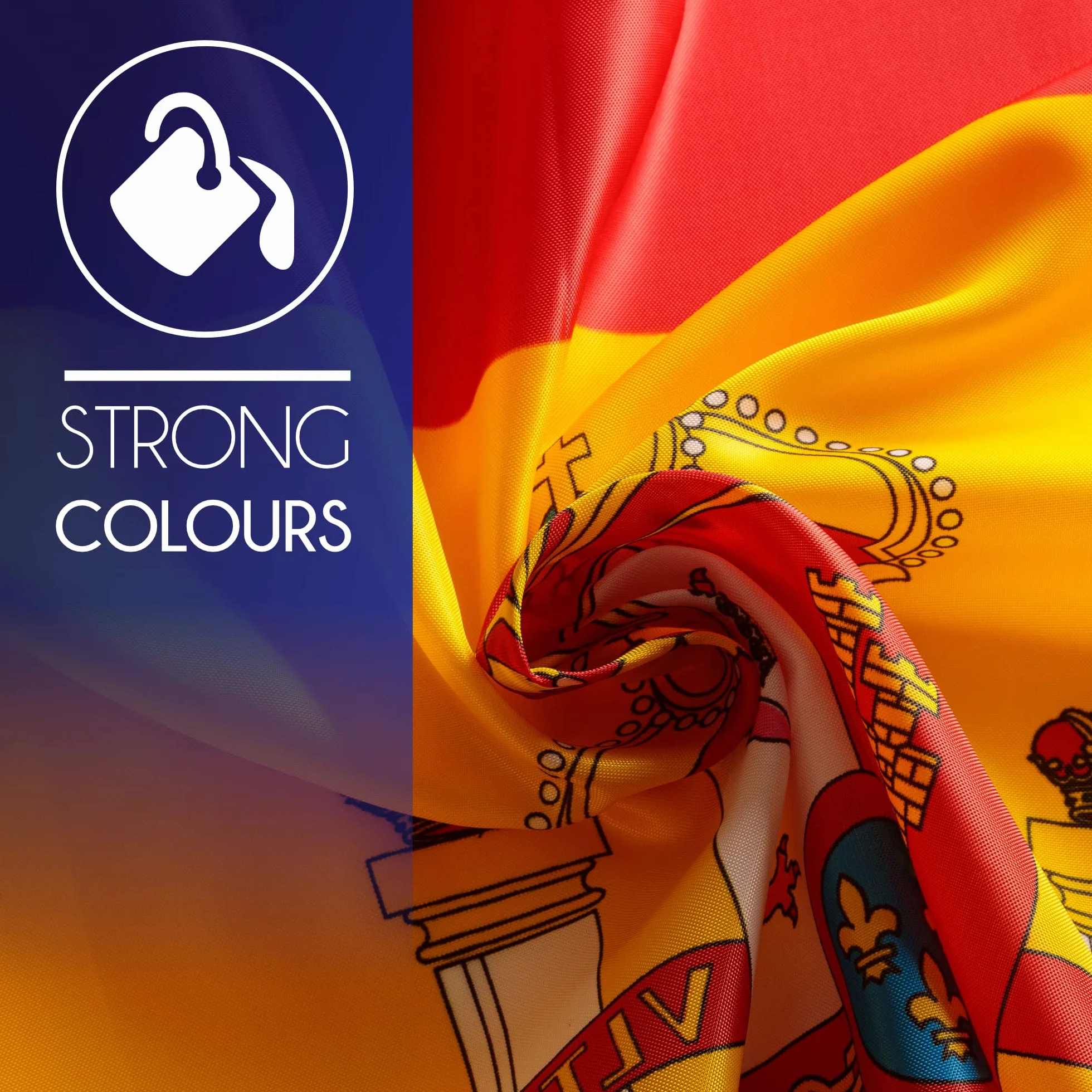PHENO FLAGS Bandera Premium España 90x150 cm – extremadamente resistente a la intemperie con ojales metálicos y tecnología especial de sellado – doble dobladillo - colores brillantes y vivos