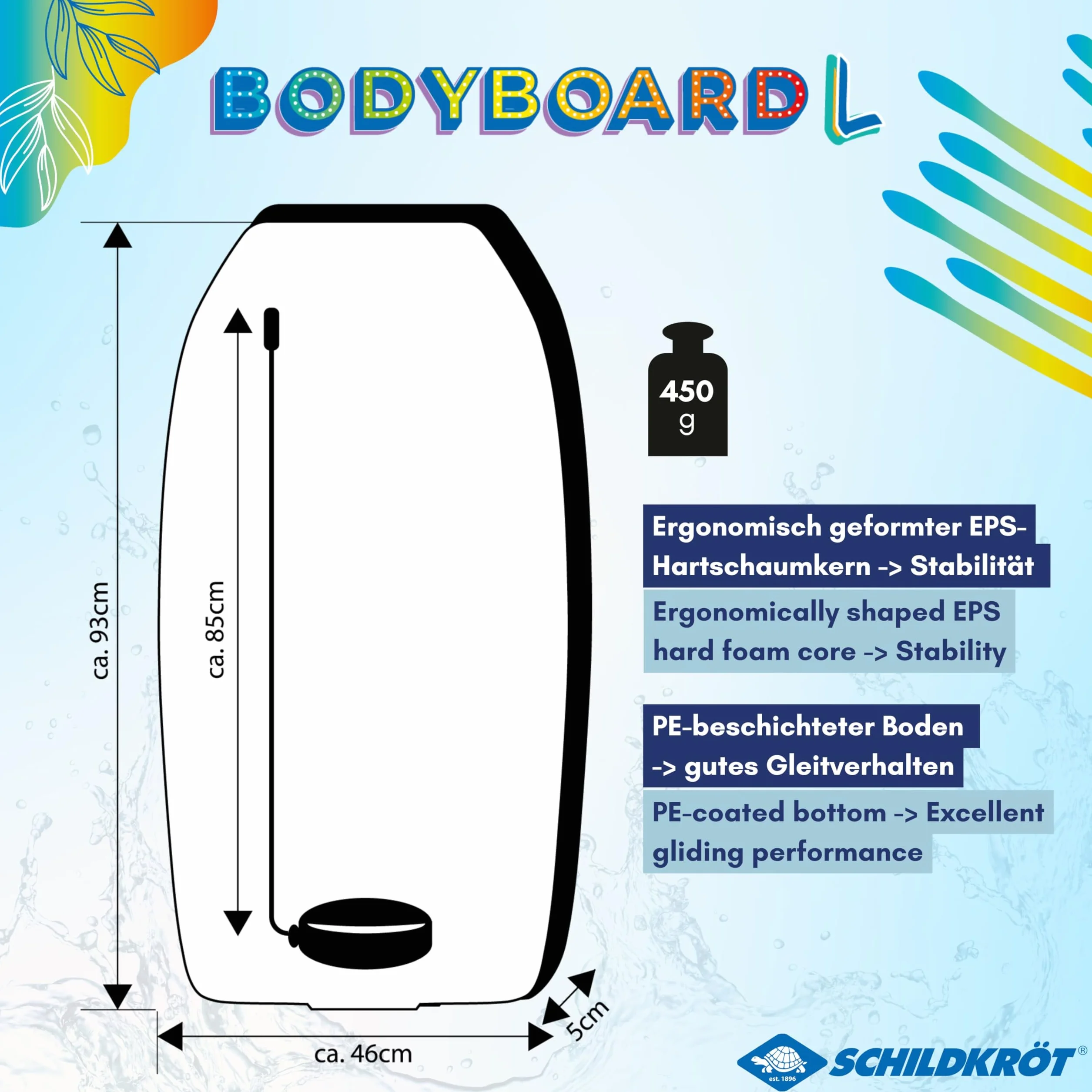 Schildkröt Tabla de Bodyboard Tamaño L, 93 x 46 cm, Núcleo de Espuma EPS, Cubierta de Nailon, Correa de Seguridad, Peso Máximo 75 kg