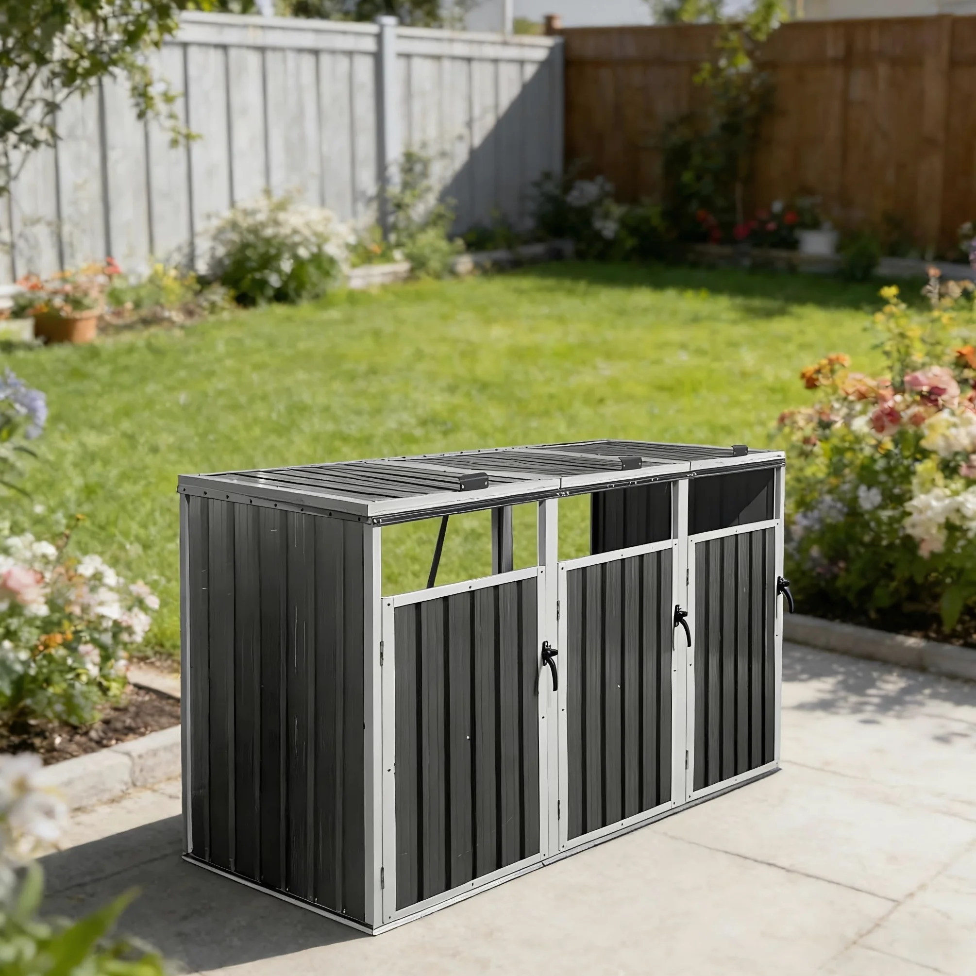 Soporte para cubos de basura de metal, apto para cubos de basura de 240 l y pequeños contenedores de basura, techo protector impermeable para exteriores, armario de herramientas estable para jardín