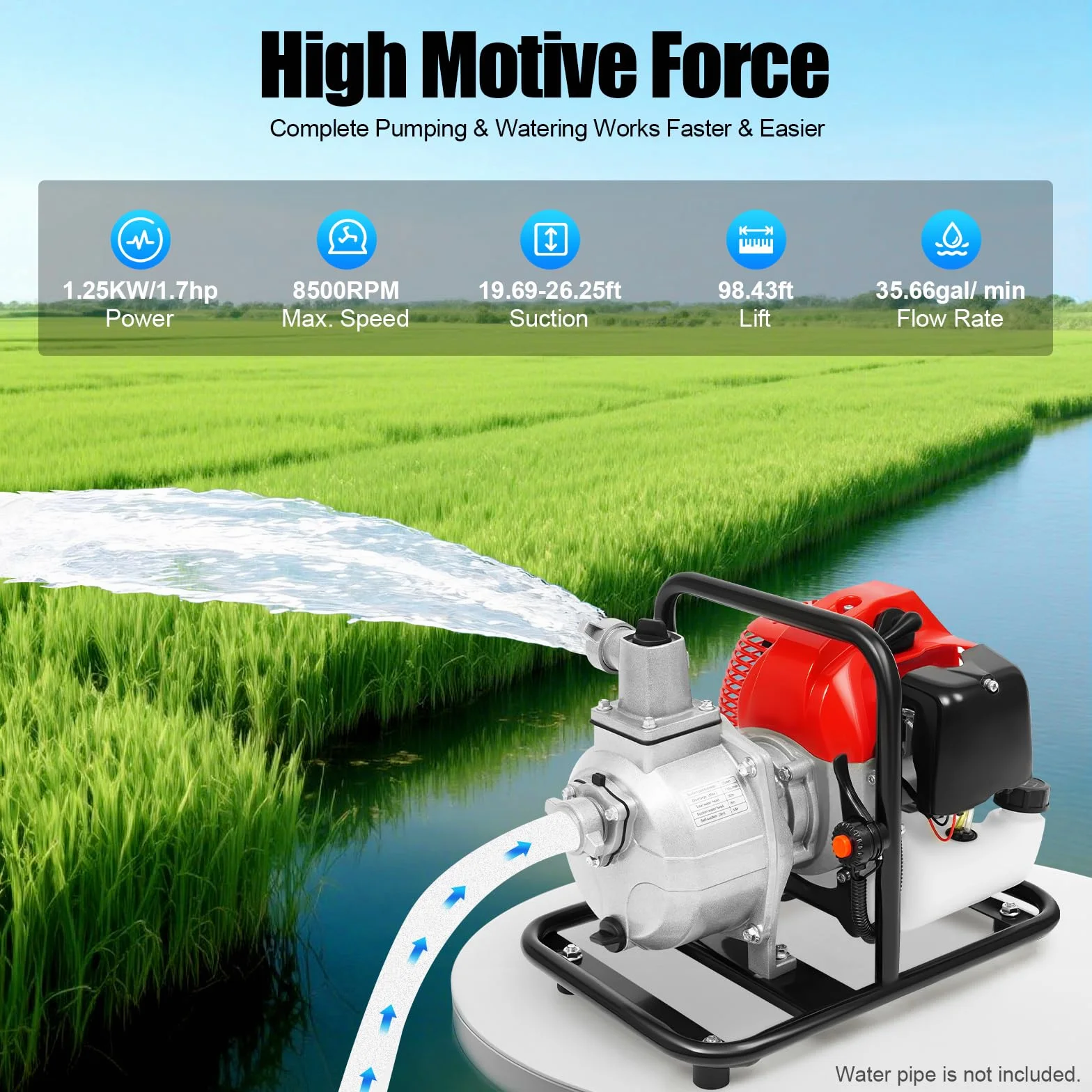Bomba de agua de gasolina, 43 cc, 2 tiempos, 135 L/min, altura de extracción 30 m | Bomba de motor de 1,25 kW de potencia y arranque manual – Bomba de jardín autocebante para jardín, estanque y riego