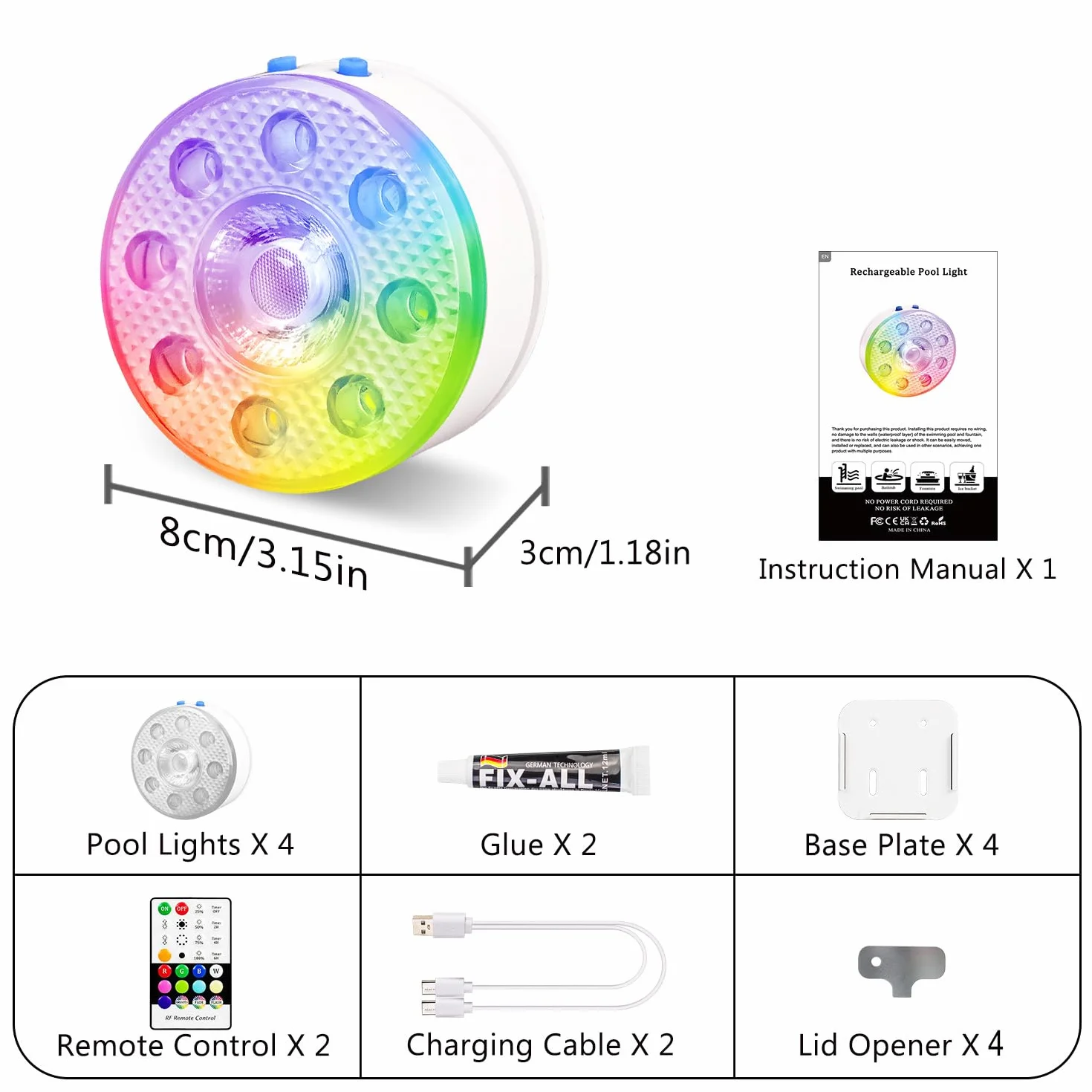 idyl light Lote de 4 lámparas sumergibles recargables para piscina con mando a distancia, impermeables, carga submarina, control de pilas con cambio de color, luces flotantes magnéticas para