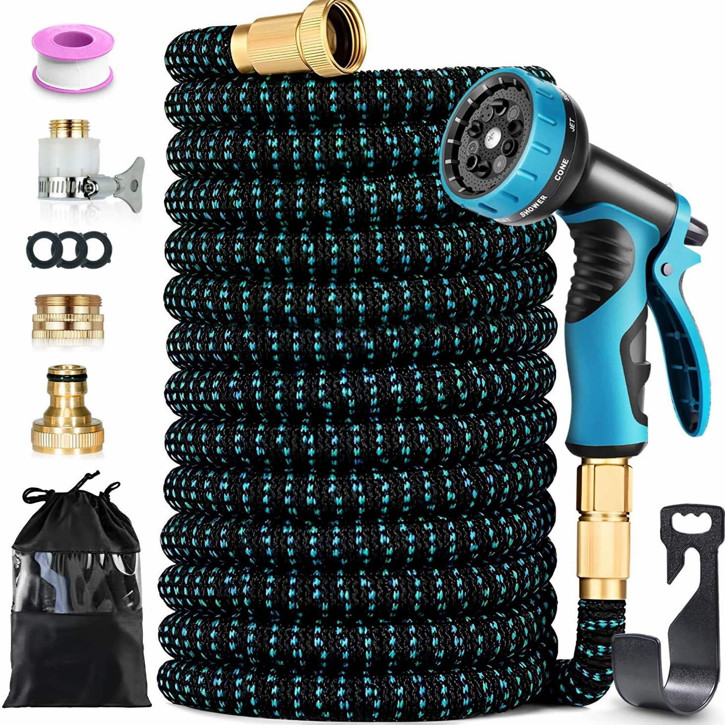 Mangueras de Jardín 30M Extensibles, 4 Capas de Látex Resistente, Conector de Latón y Pistola de Riego 10 Modos, Perfecta para Limpieza y Césped