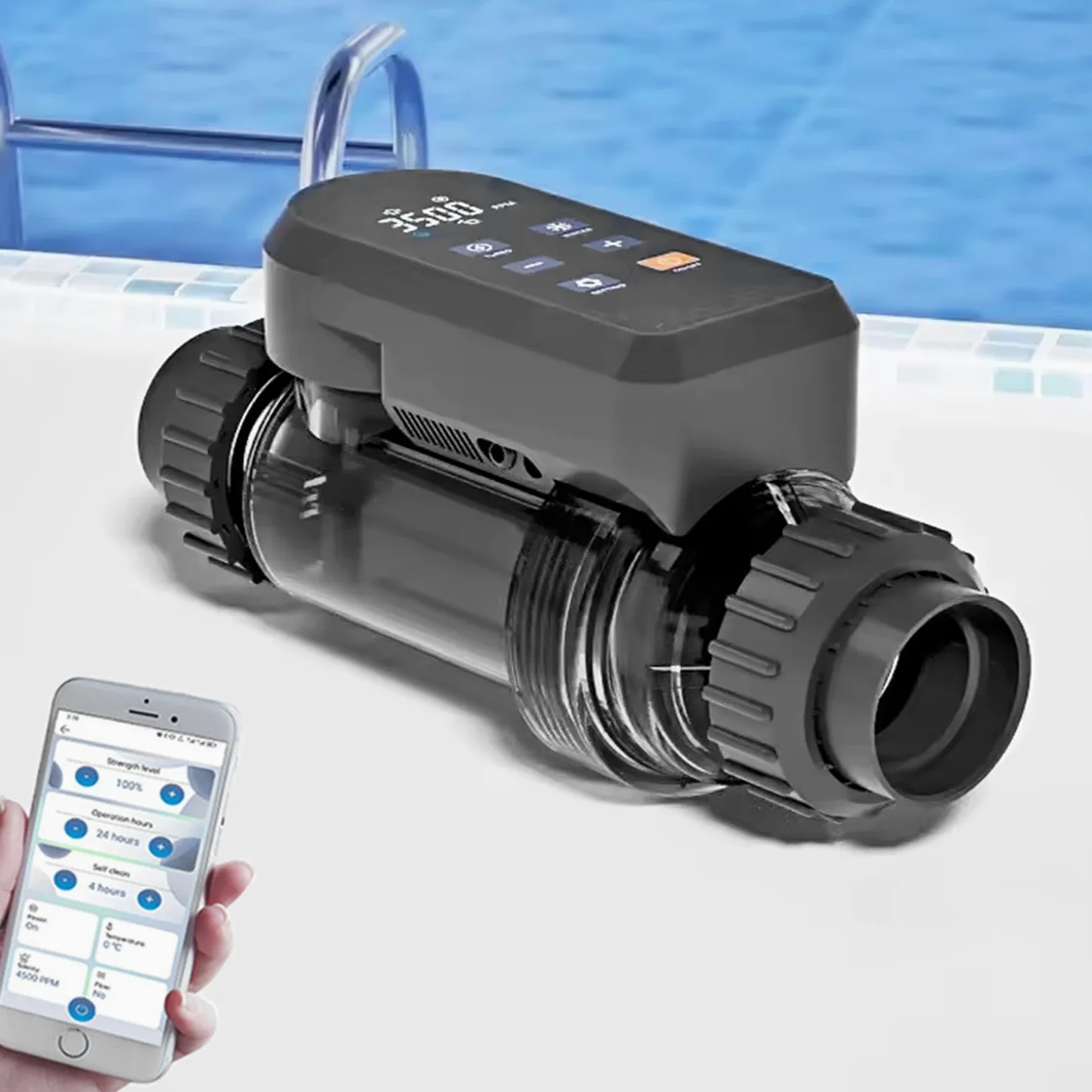 Clorador Salino para Piscinas, Generador de Cloro Salino con Control App Inteligente, Sixs Alarmas, Autolimpieza, Ajuste de Salida del 5-100%, para Piscinas de hasta 60.000 GAL,15g/h