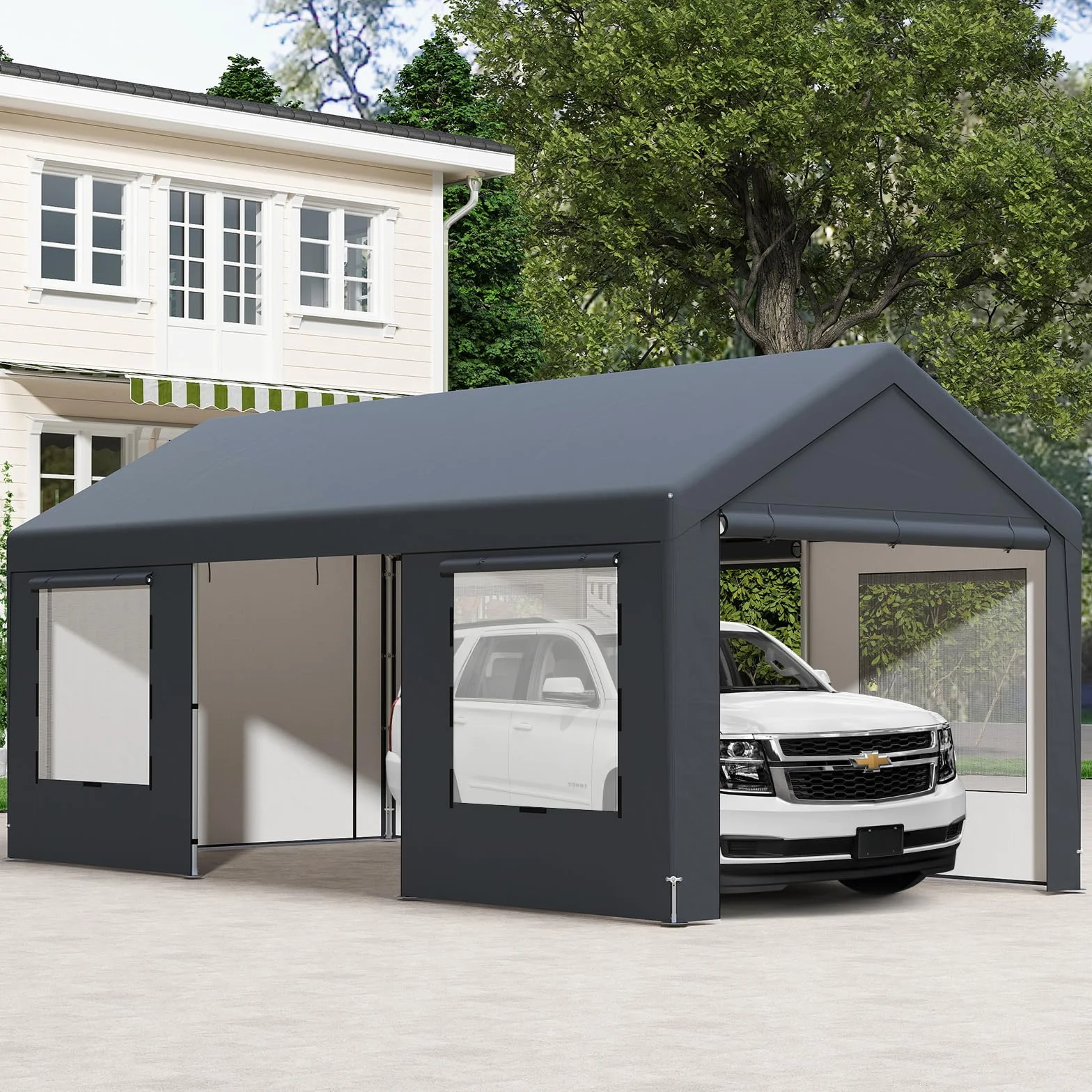 COSTWAY Garaje Exterior para Coche 5,95 X 3 m, 8 Paredes Laterales Desmontables, Puertas Enrollables, Ventanas Ventiladas, Carpa para Garaje para SUV Camión