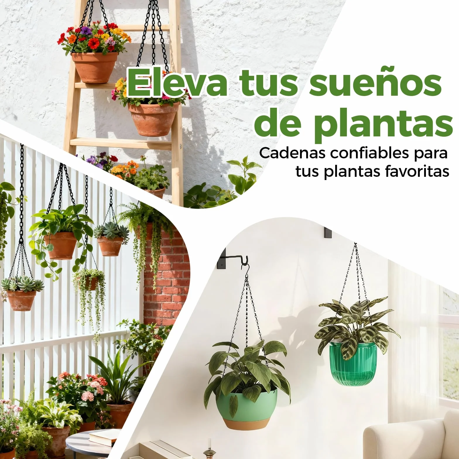 Bamworld Lote de 3 Cadenas de Suspensión Negras 45 cm, para Macetas Colgantes, Maceteros Colgantes y Soportes de Jardineras de Balcón, Uso en Interior y Exterior (Solo las Cadenas, Maceta NO Incluida)