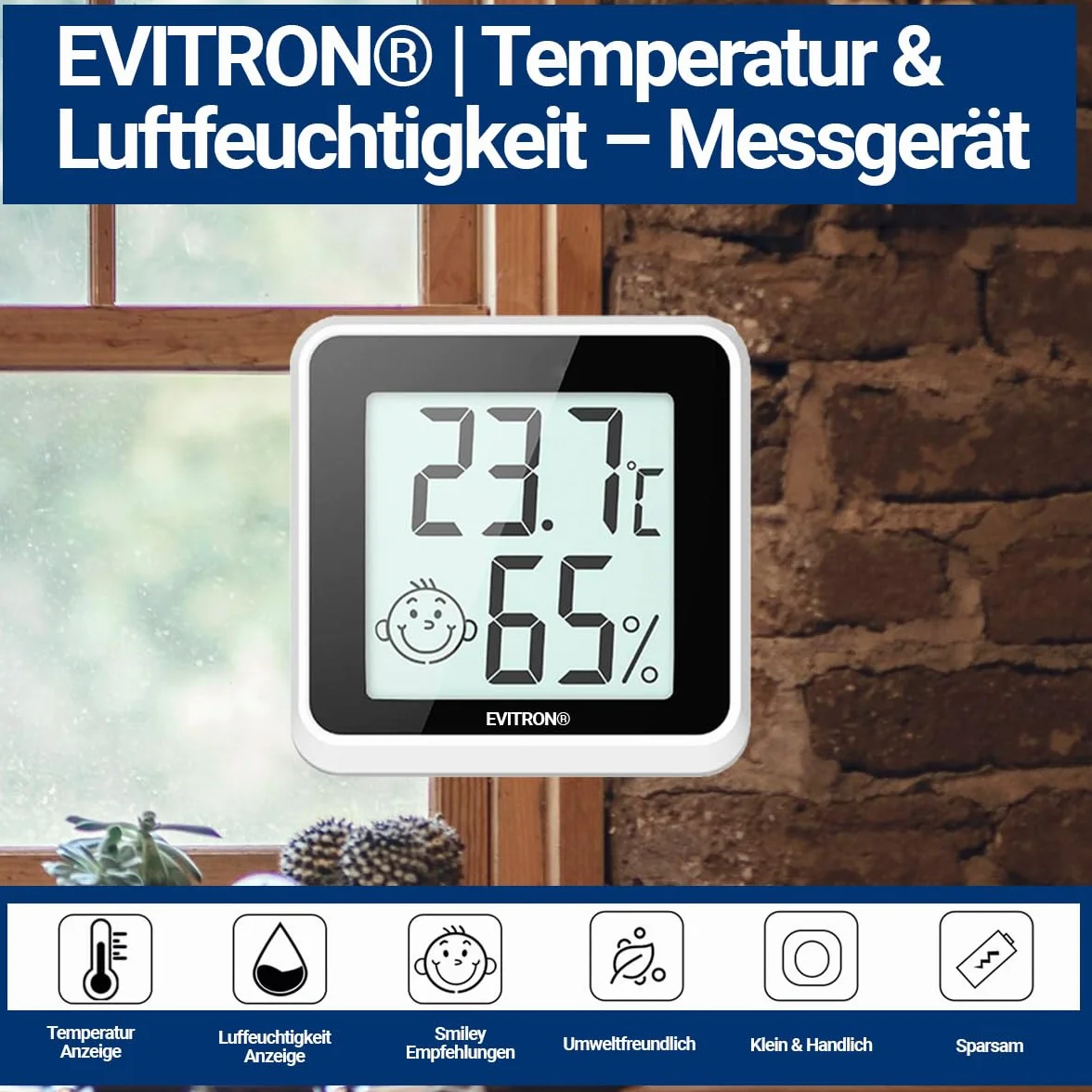 1 x Mini termómetro higrómetro digital para interior – Medidor de temperatura y humedad – Indicador de confort y emoticonos – Se puede colocar o pegar – para salón, oficina, habitación de bebé y más