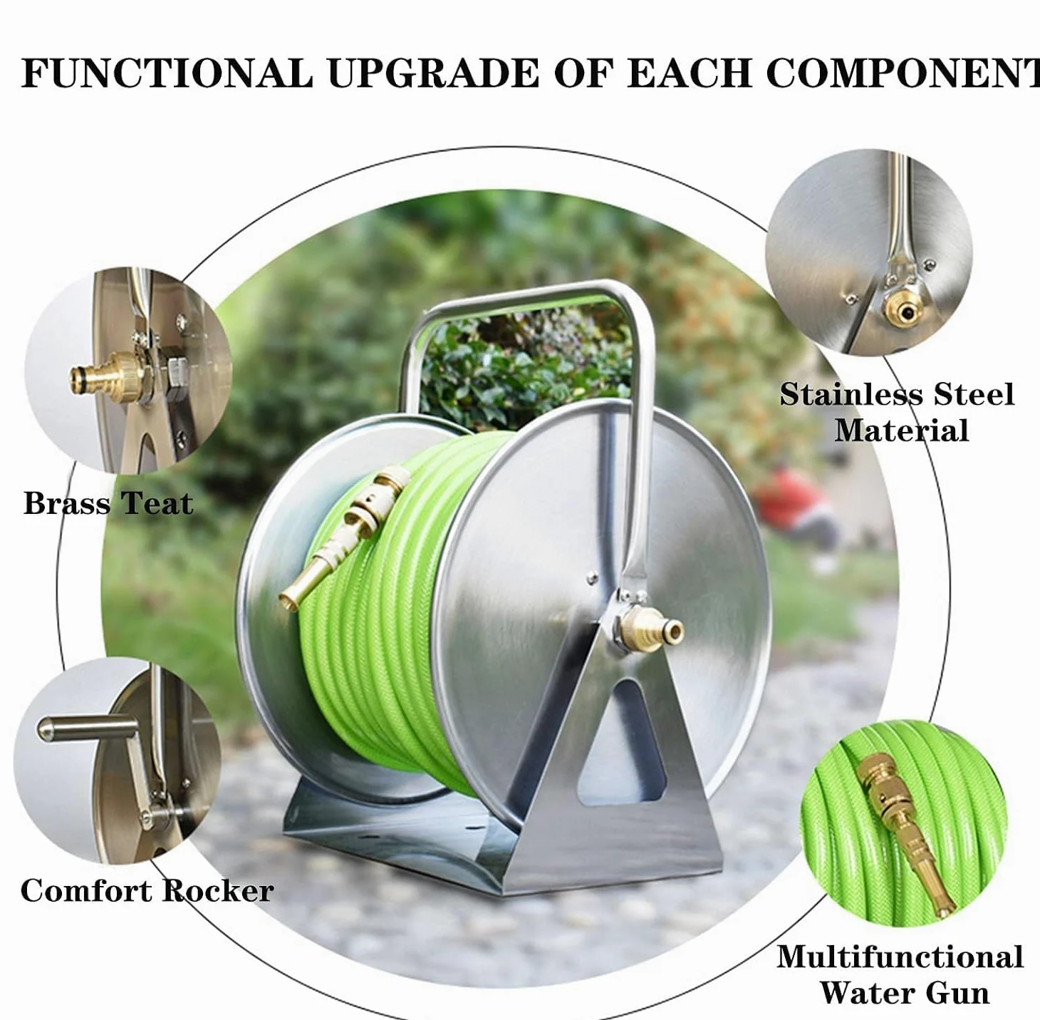 Carrete de Manguera de Acero Inoxidable para Montaje en Pared, Soporte para Manguera de jardín con Estante de Almacenamiento, Carrete de Manguera de Agua de Metal portátil para Montaje en pa
