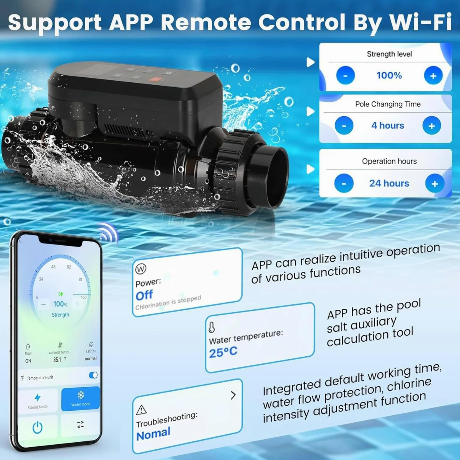 Clorador Salino para Piscinas, Generador de Cloro Salino con Control App Inteligente, Sixs Alarmas, Autolimpieza, Ajuste de Salida del 5-100%, para Piscinas de hasta 60.000 GAL,15g/h