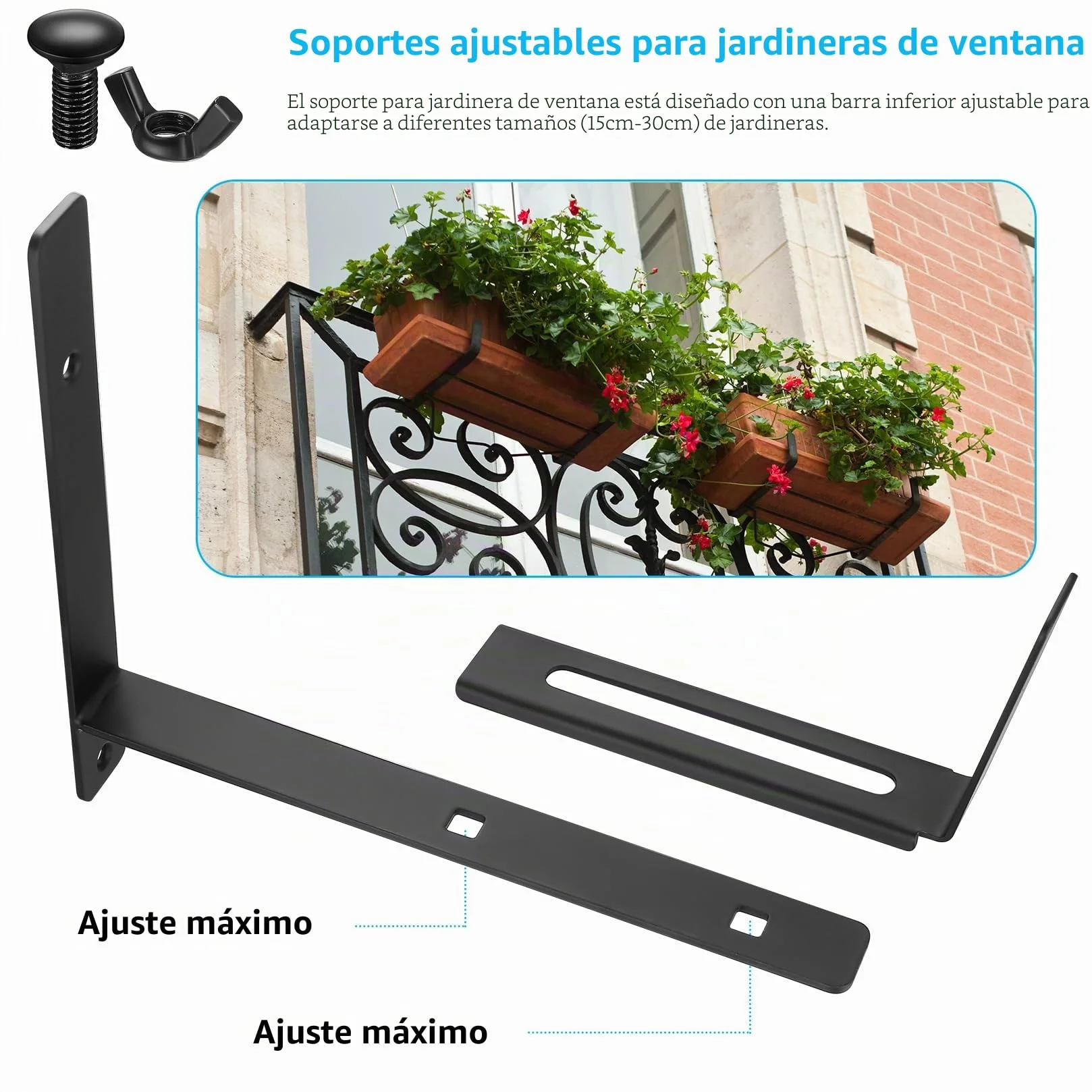 4 soportes de caja de ventana, soportes ajustables de 5.9 a 11.8 pulgadas para alféizar de ventana, macetas de balcón, macetas para barandillas, soporte colgante al aire libre para valla, balcón