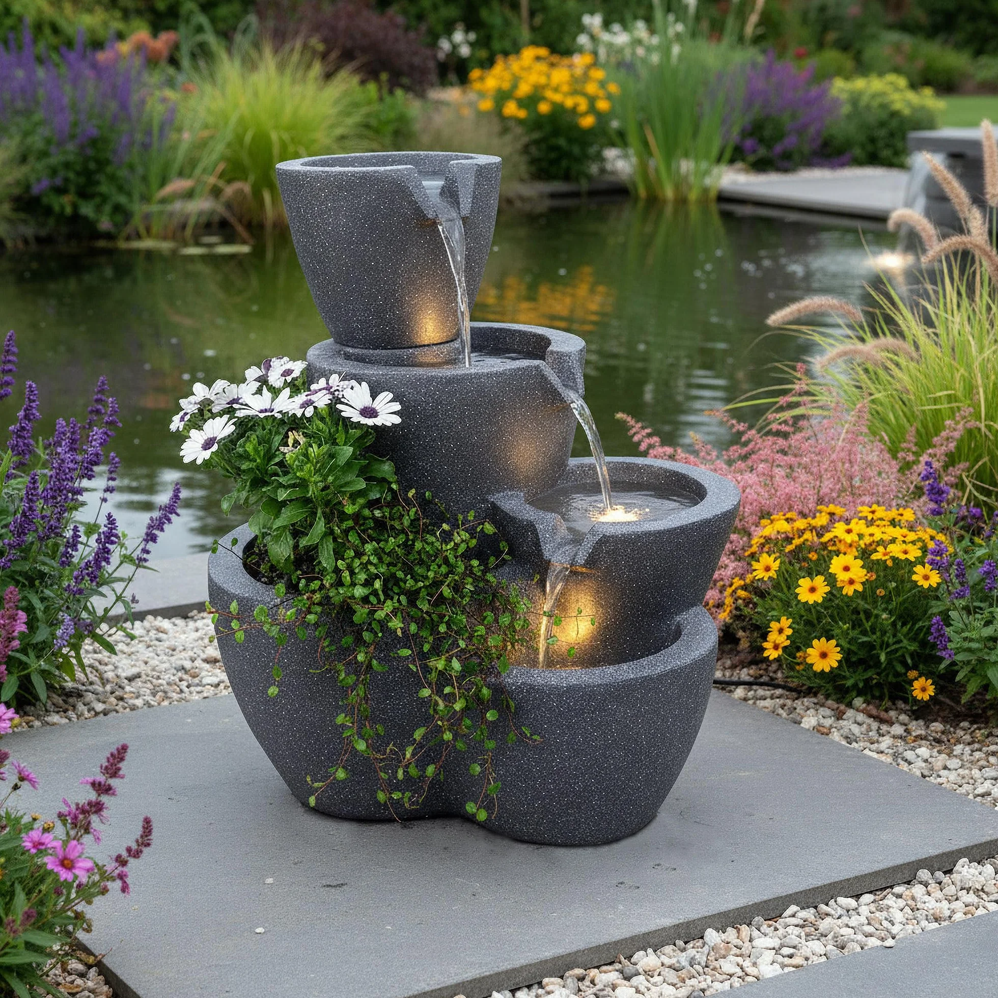 Fuente de Jardín Iluminada Grande Arnusa - Fuente de Agua de 59 cm - Decoración de Jardín Interior y Exterior - Se Puede Plantar