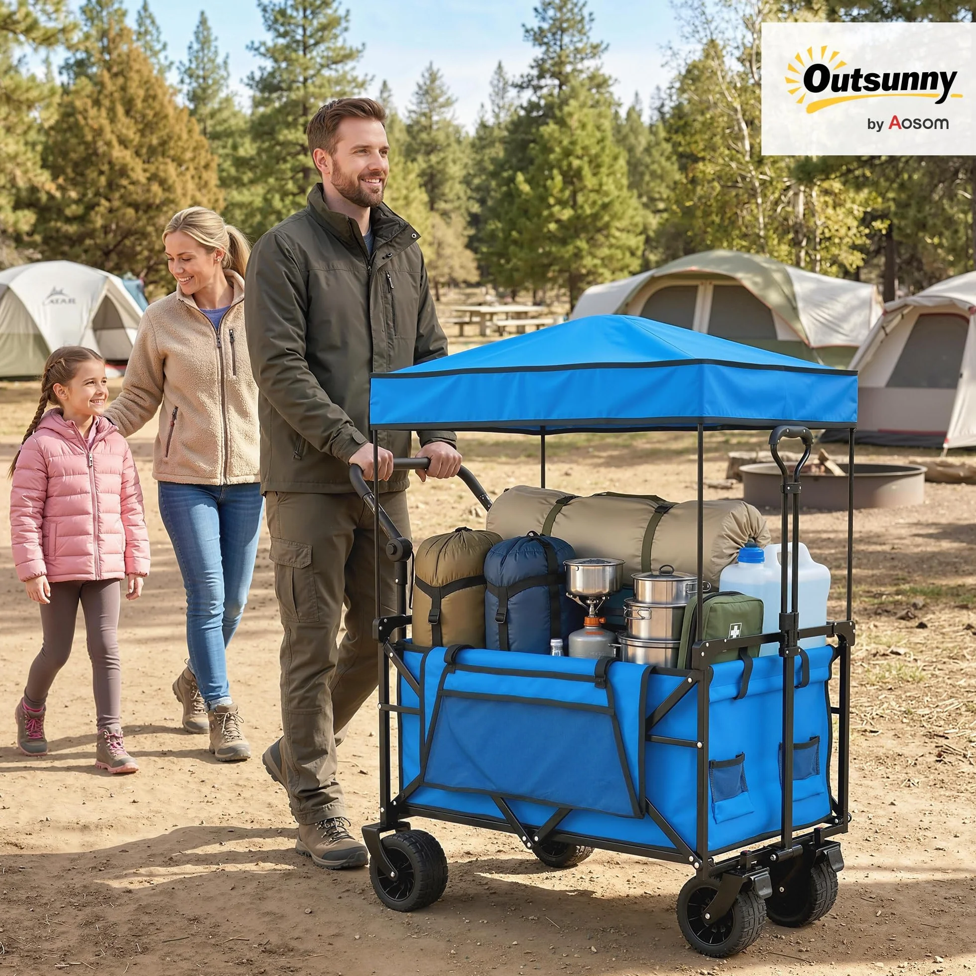 Outsunny Carro Playa con Ruedas Grandes con Freno, Techo Extraíble, Carro Plegable para Jardín con Barra Ajustable, Portavasos y Bolsillos, Carga 100 kg, para Todo Terreno, Campaña, Compras, Azul