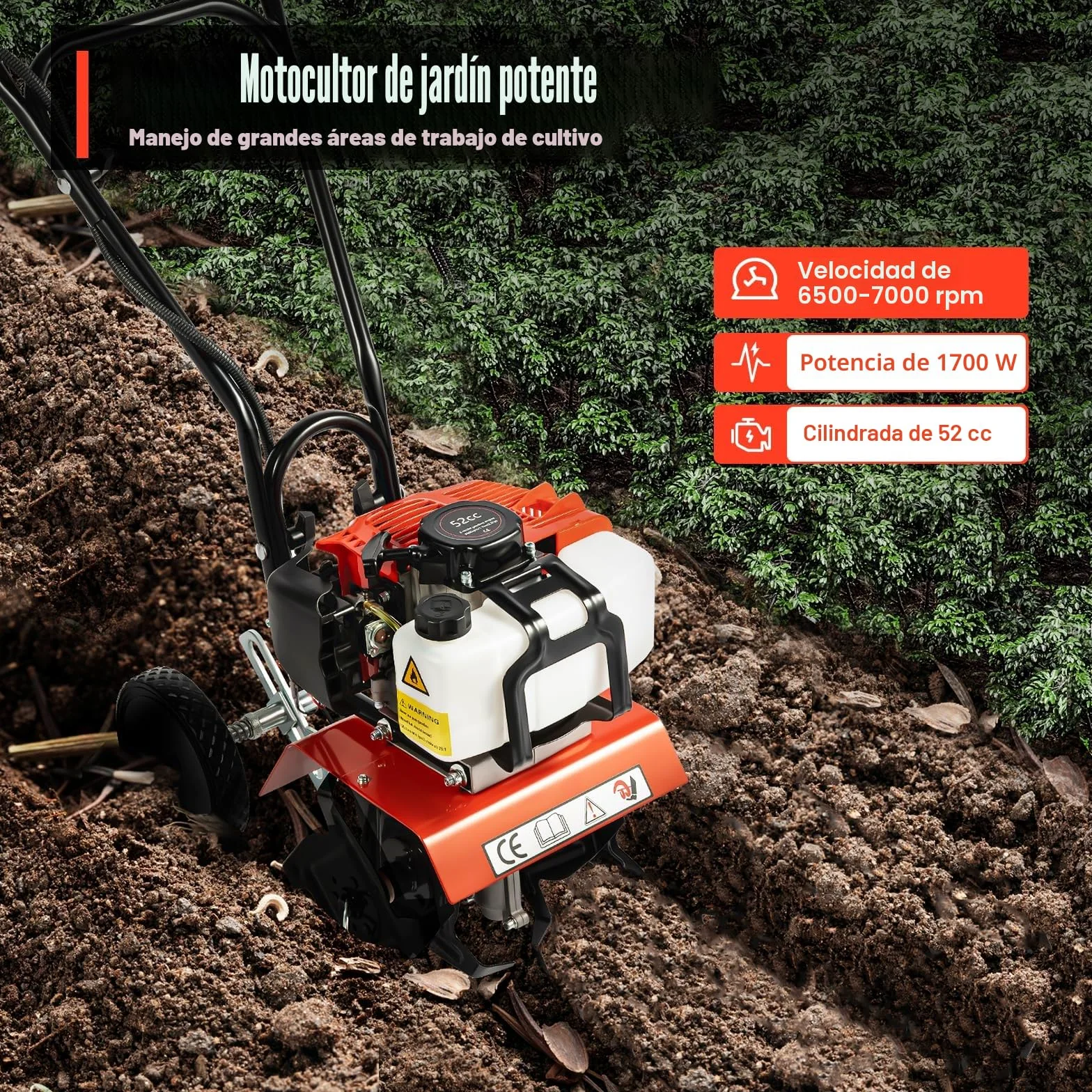 Motoazada Gasolina 52 CC, 2 Tiempos Motocultor Gasolina, 1,9 kW Fresa de Jardín de Gasolina con 4 Cuchillos de Acero al Manganeso para Granjas, Parques, Jardines, Huertos y Campos