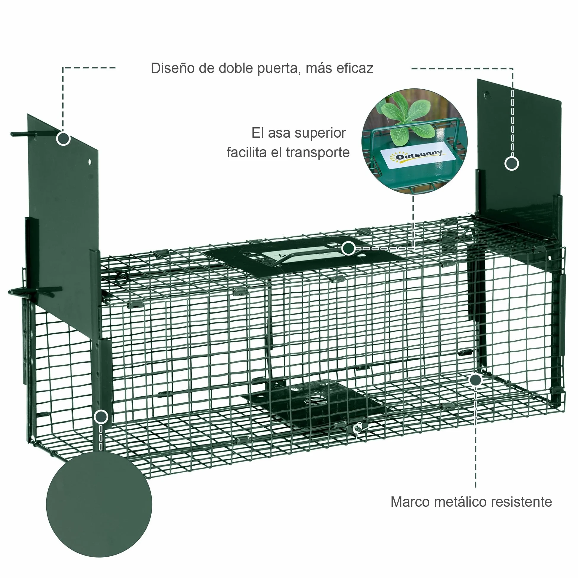 Outsunny Trampa para Animales Vivos 60x18x20 cm Jaula Trampa para Gatos con 2 Puertas Asa y Marco de Acero para Ratones Roedores Verde