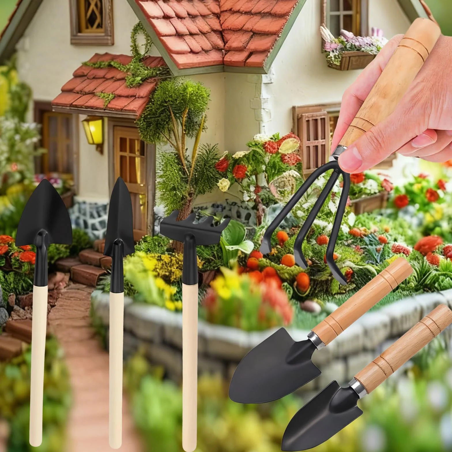 6 Juego de Herramientas de Jardín, Mini Herramientas Jardineria, Herramientas de Jardín Pequeñas, Kit de Jardinería Mango de Madera, Pala, Pala Pequeña, Rastrillo, para Suculentas, Plantas en Maceta