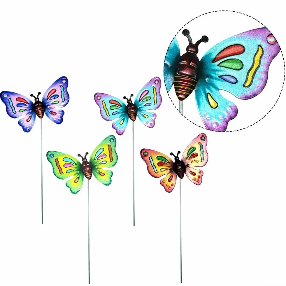 Juego de 4 estacas de jardín de mariposa de metal para decoración de césped y patio al aire libre, a prueba de óxido
