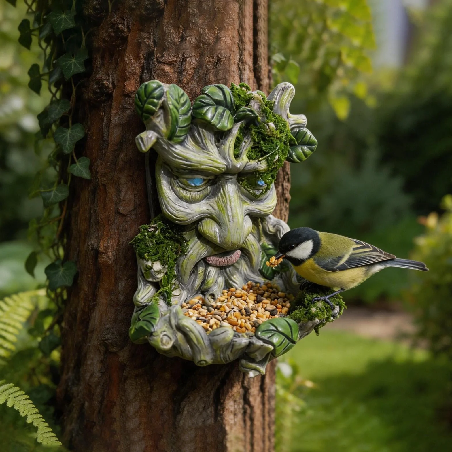 para pájaros con Cara de árbol – Escultura de máscara de guardián del Bosque de Resina 3D de 5,12 Pulgadas, Acento artístico de jardín Resistente a la Intemperie, Unidad de decoración colgant