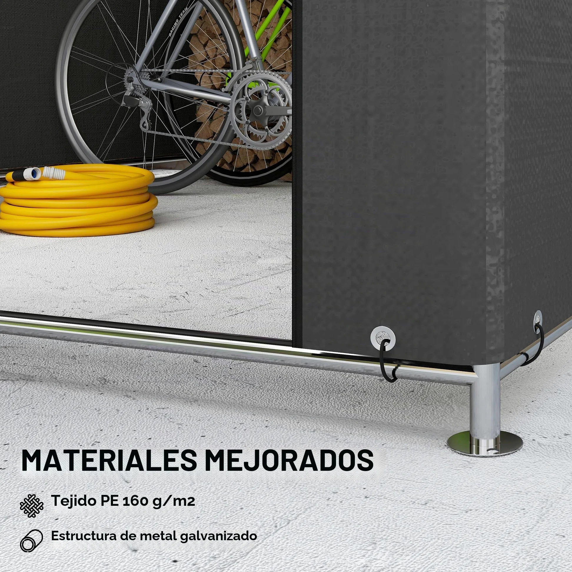 Outsunny 6.6x7.8ft Cobertizo jardín Impermeable Gris Oscuro | Tienda bici, puerta enrollable cremallera, marco metal galvanizado, cobertizo portátil para moto, herramientas
