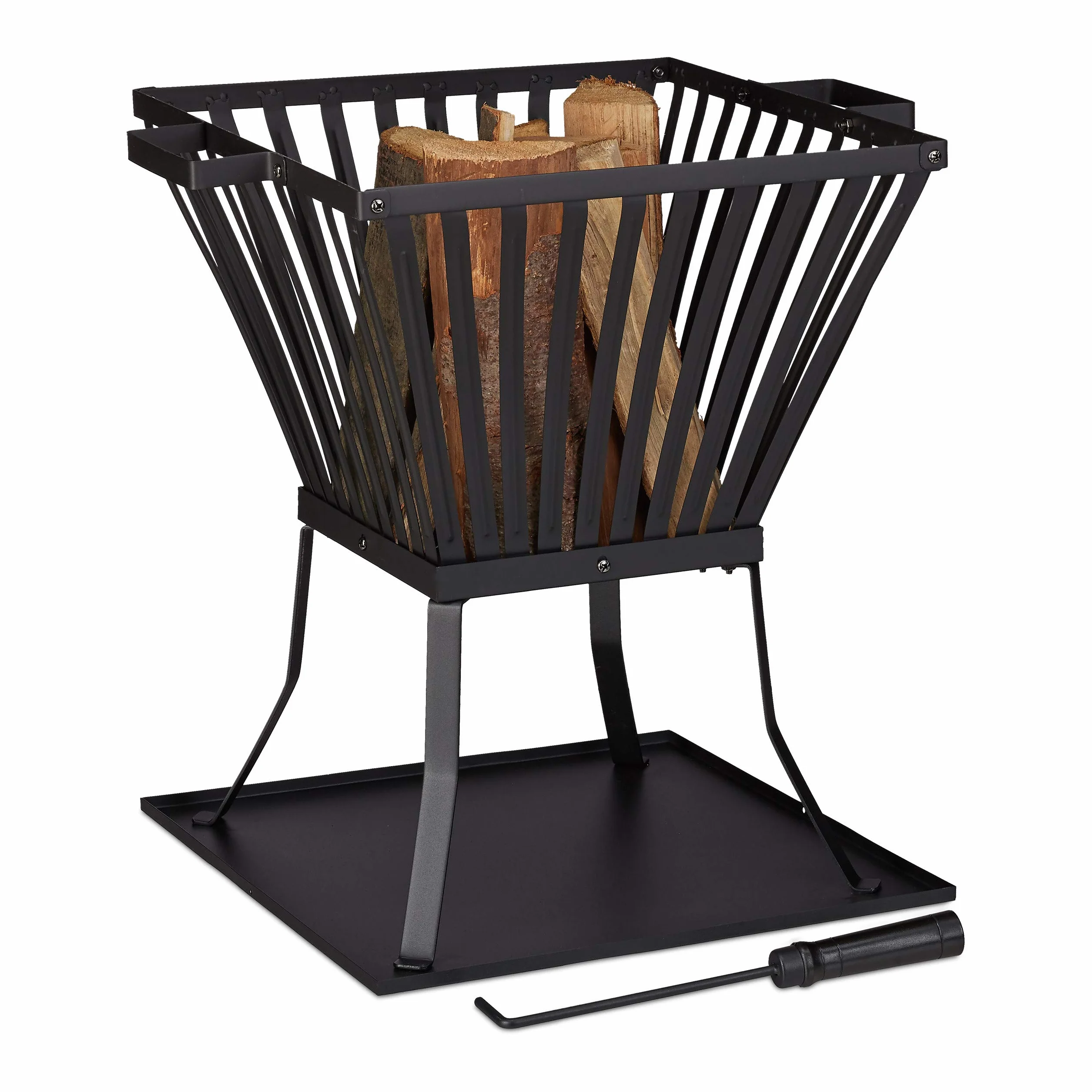 Relaxdays Brasero de jardín XL, con atizador, Chimenea de terraza, para Madera, 56x56,5x45 cm, Negro