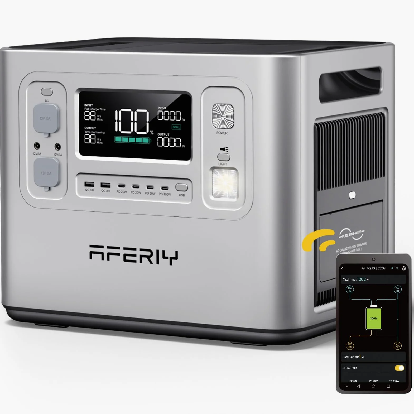 AFERIY - Generador Eléctrico Portátil De 2400 W, Batería Nómada 2048 Wh, Carga Rápida 1,5 H, Enchufe Eu 220-240 V, Control Vía Aplicación, 7 Años De Garantía, Generador Eléctrico Solar Compatibilidad