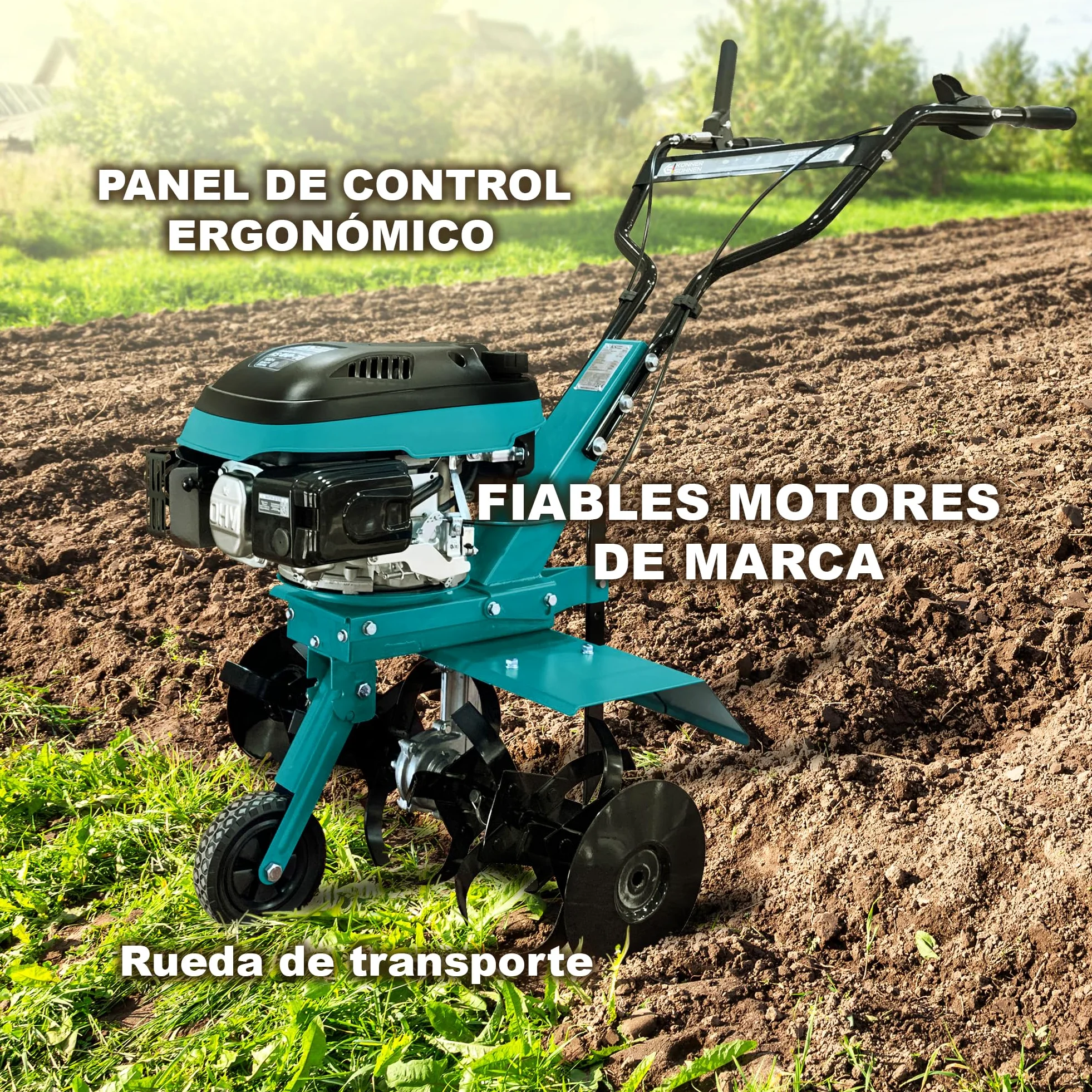 Könner & Söhnen KS 4HP-70 - Motobloque de Gasolina con accionamiento por Correa, motocultor con Fresa Sable forjada, Ancho de Trabajo ≤ 70 cm, Profundidad de Trabajo ≤ 27 cm, Potencia del Motor 4