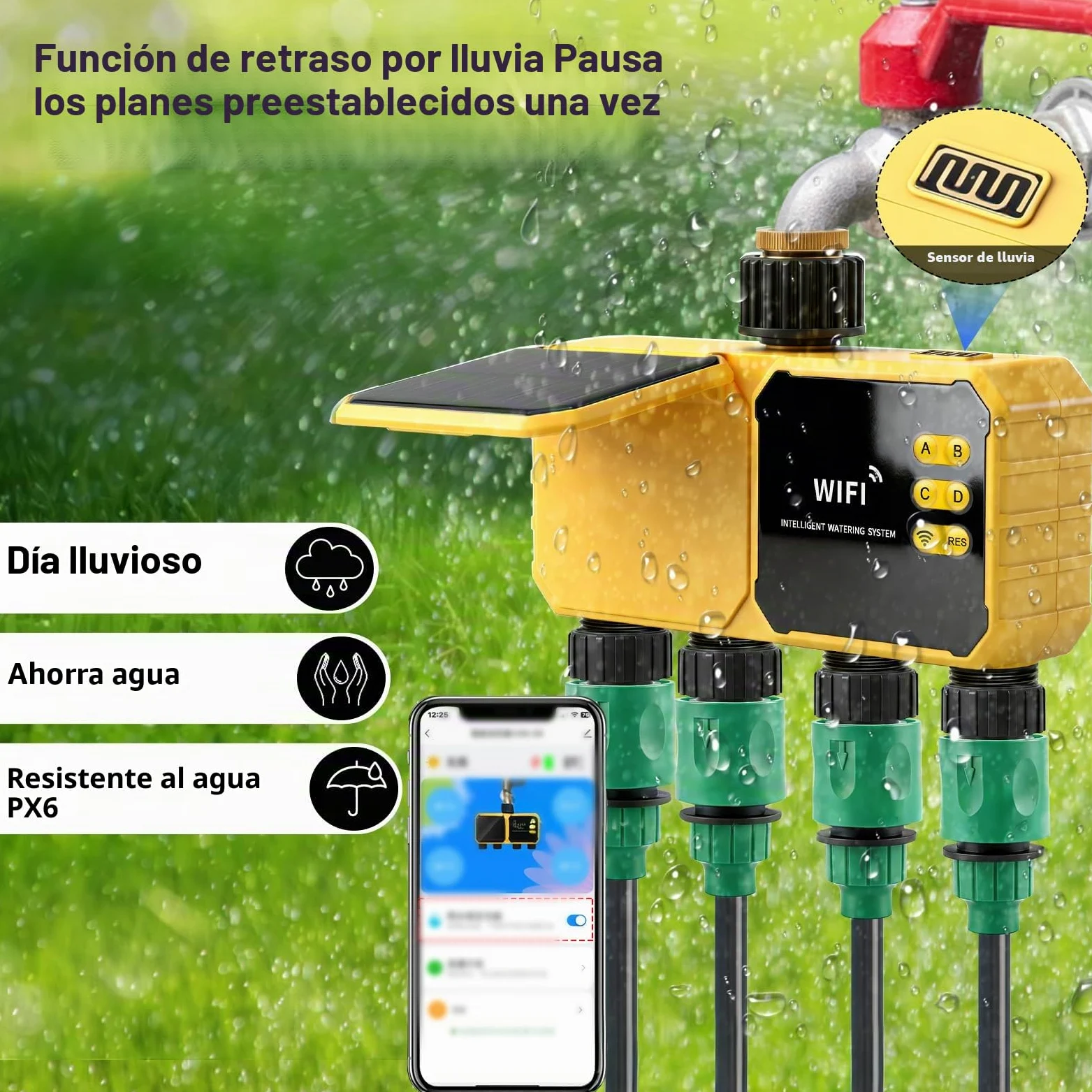 Temporizador Riego Solar, 4 Zonas WiFi Controlador Válvula Agua Solar Inteligente Control Aplicación Sensor Lluvia Temporizador Agua para Patio Exterior Jardín Playas Patio