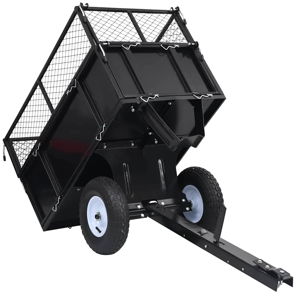 Remolque basculante para cortacésped de acero de 150 kg de carga con ruedas neumáticas 130 x 52 x 87 cm, acoplamiento universal, paredes laterales plegables para el cuidado del jardín