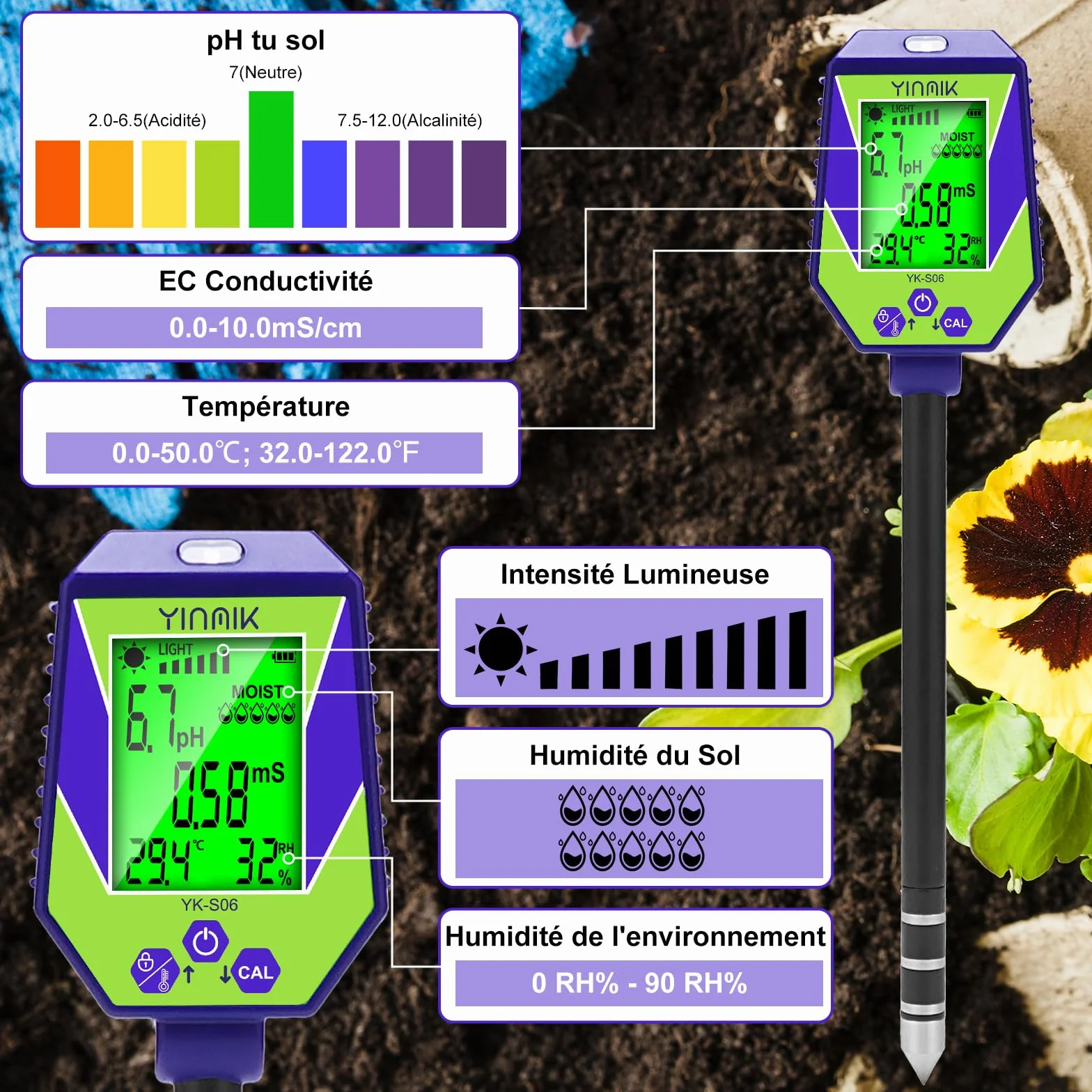 YINMIK Medidor de pH del suelo 6 en 1, medidor inteligente de humedad, conductividad y salinidad, y analizador de calidad del agua. Kit de prueba de pH del suelo ideal para jardines, granjas y bonsáis