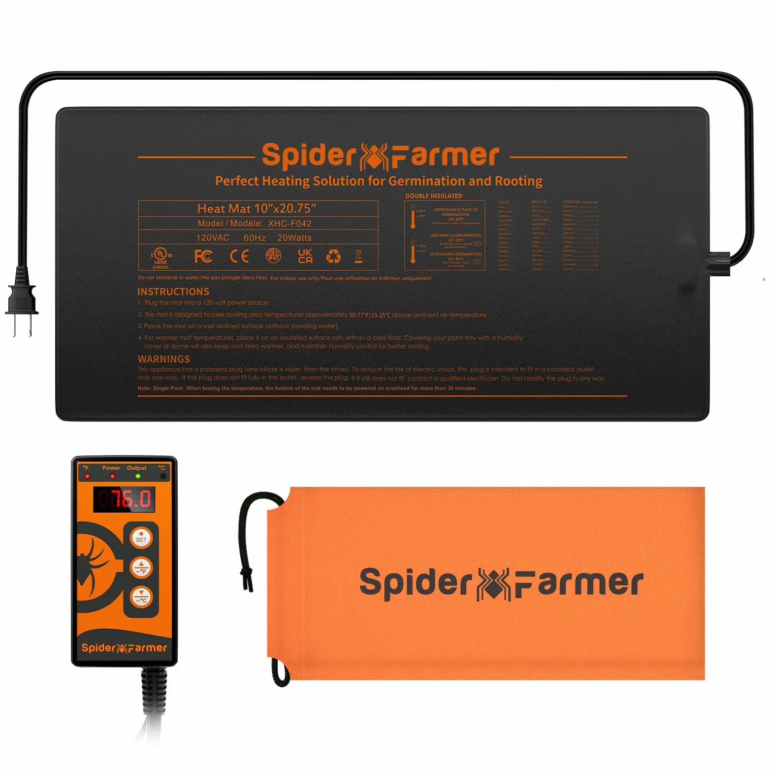 SPIDER FARMER Estera Térmica para Plantas Estera Térmica con Termostato Controlador para Germinación de Plantas y Mascotas Almohadilla Térmica para Invernadero Interior 25x52cm 20w