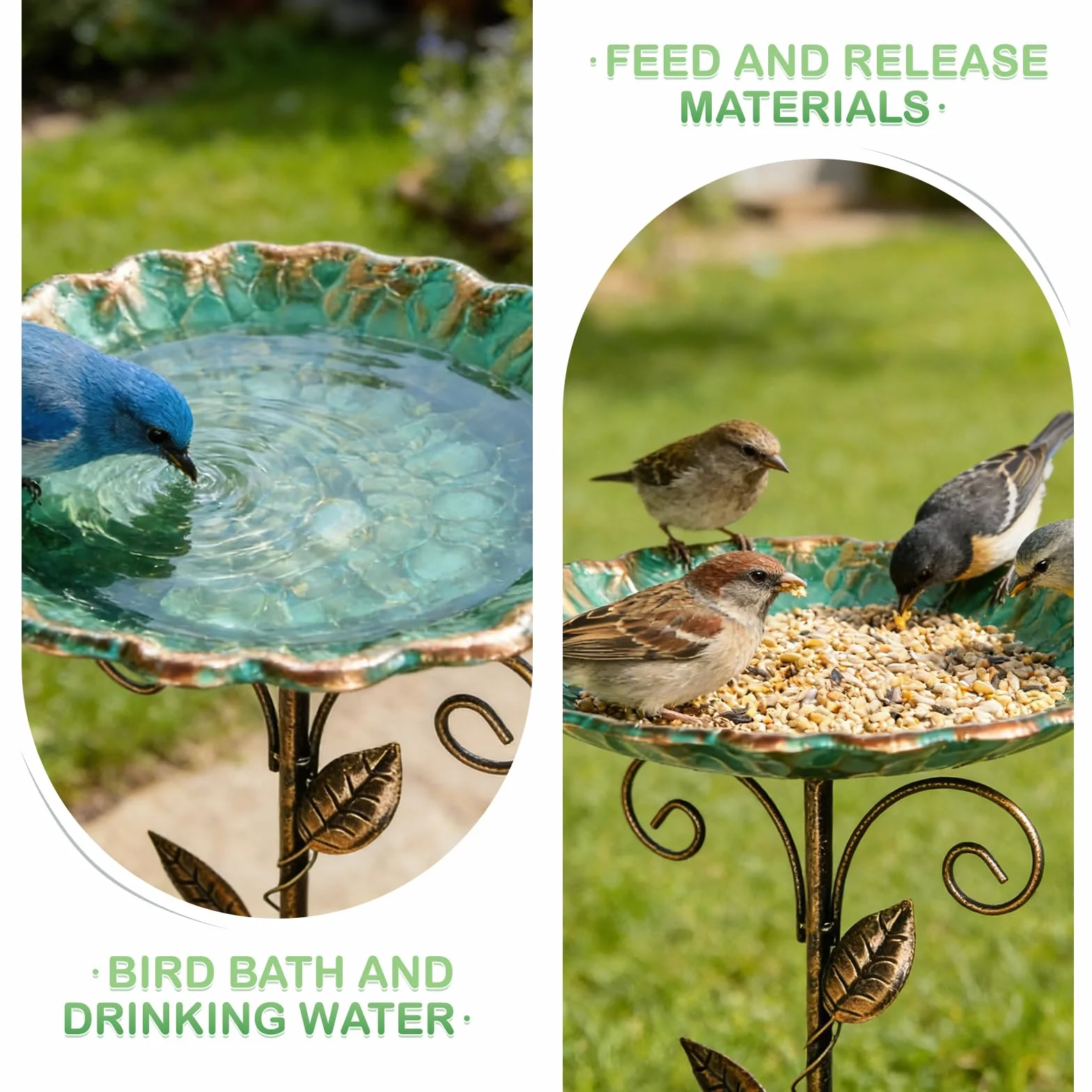 GOMETY Bebedero para pájaros de pie, para jardín, resistente al invierno, de metal, resistente a las heladas, para exteriores, 2 en 1, bebedero para pájaros y comedero para aves silvestres, 77 cm