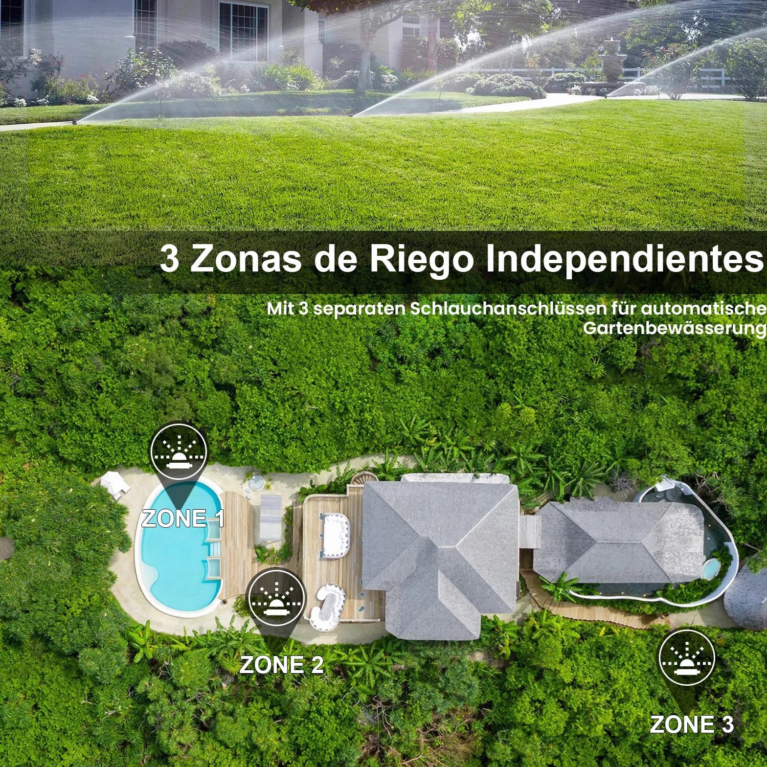 Programador Riego 3 Salidas con Entrada de Latón, Pantalla LCD Grande, Temporizador de Riego Automatico con Retraso por Lluvia, Riego Automático/Manual, Programador de Riego para Jardín Césped