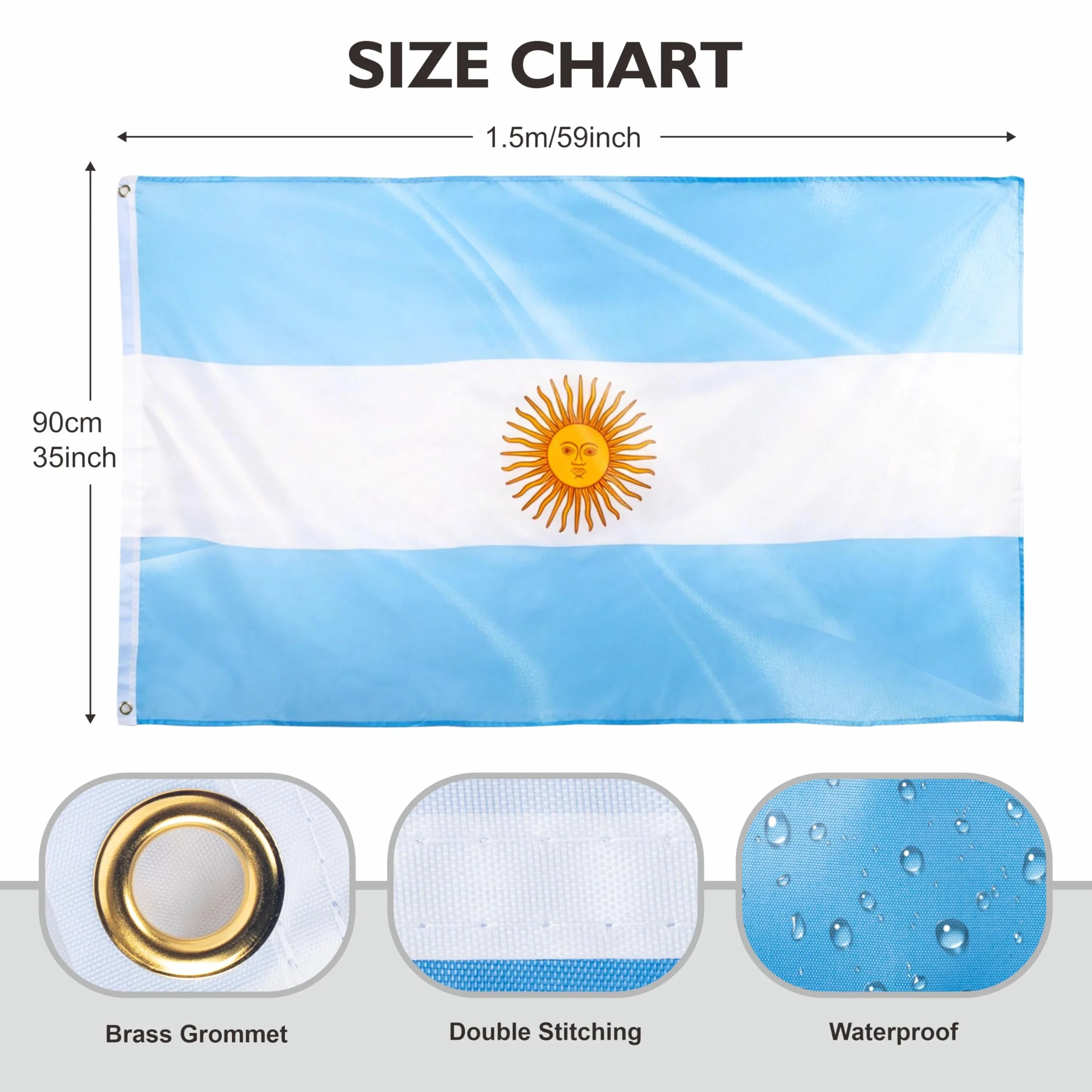 Bandera Grande de Argentina 90x150 cm (5x3ft) Gigante Estandarte argentino para Mundial de Fútbol 2026 Fiesta Nacional Juegos Olímpicos Deportes Decoración Adornos Bar Jardín Calle Tifosos