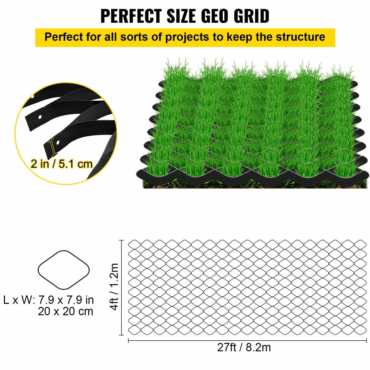 VEVOR Estabilizador de Grava 1885 lbs/pies2 Rejilla de Suelo Permeable 8,2m x 1,2m x 5,1cm para Entrada