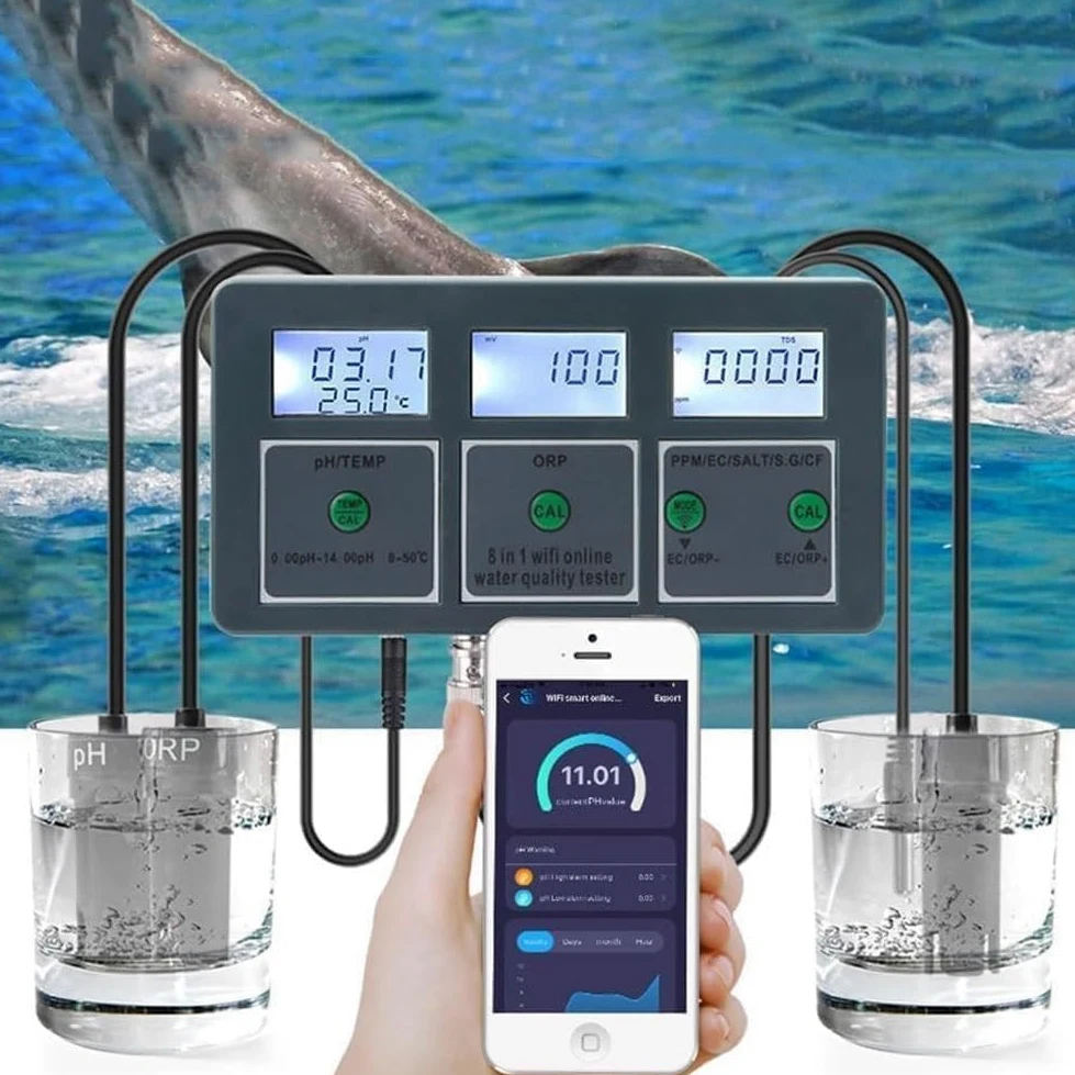 Medidor inteligente de calidad del agua con WiFi, 8 en 1, medidor de calidad del agua, medidor de pH, registrador de datos, temperatura TDS Salinity S.G. EC ORP, analizador de alta precisión,