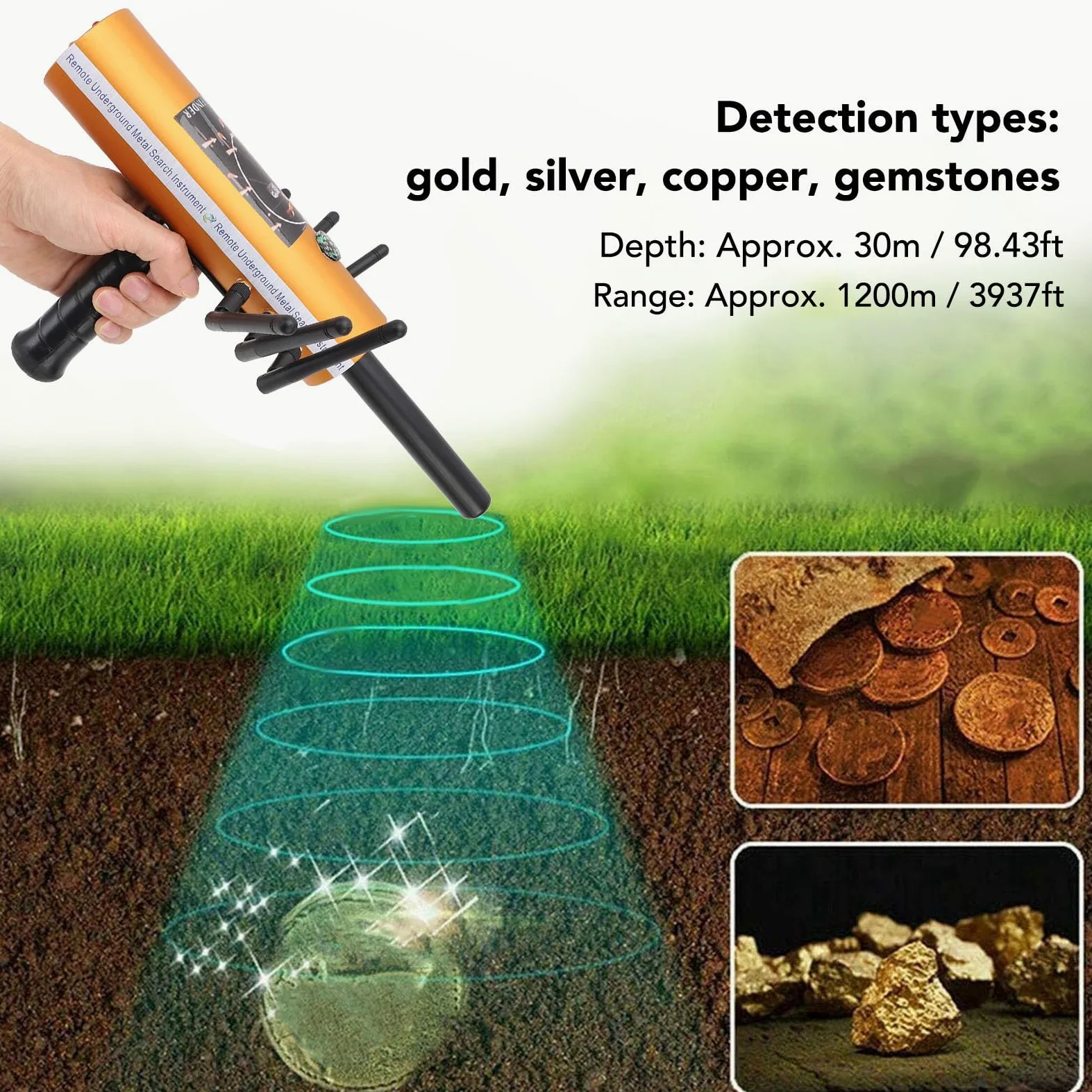 SIXRUN Detector de Metales Profesional, Buscador de Oro Plata Cobre y Piedras Preciosas con Alcance de 1200m y Detección de 30m de Profundidad para Exploración de Tesoros Subterráneos