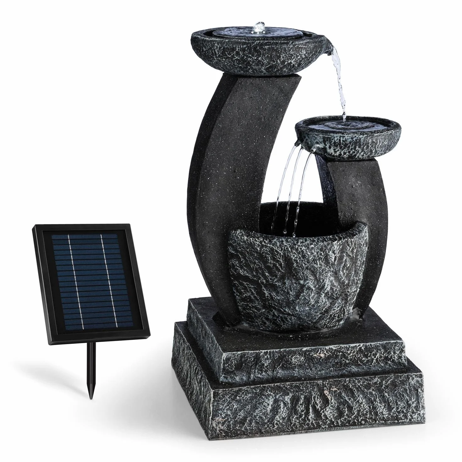 Blumfeldt Fantaghiro Fuente Ornamental de jardín con Panel Solar (Efecto Piedra, poliresina, Juego de Agua 3 Niveles, diseño mágico, miniboma, iluminacion LED, para Interior o Exterior)