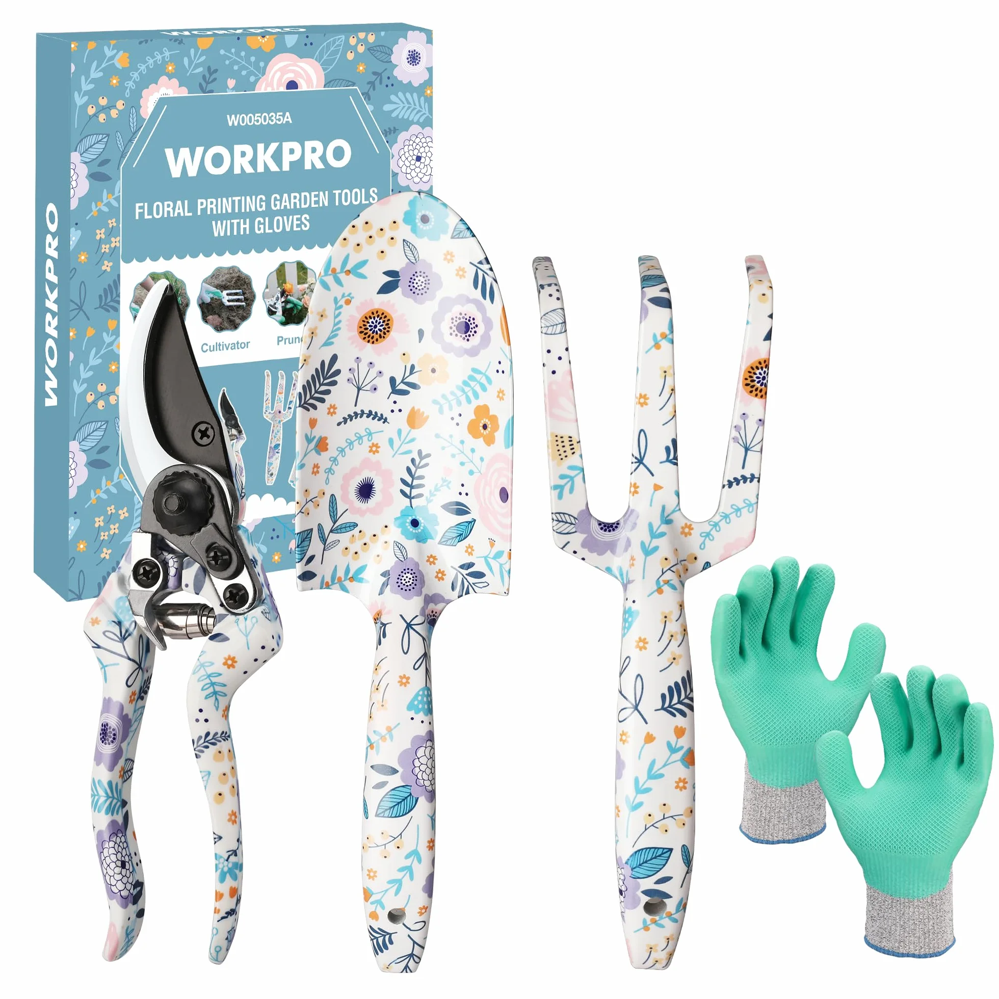 WORKPRO Herramientas Jardineria 4PC, Juego de Herramientas para Jardín con Rastrillo, Pala de Mano, Tijeras de Podar, Guantes, Estampado Floral